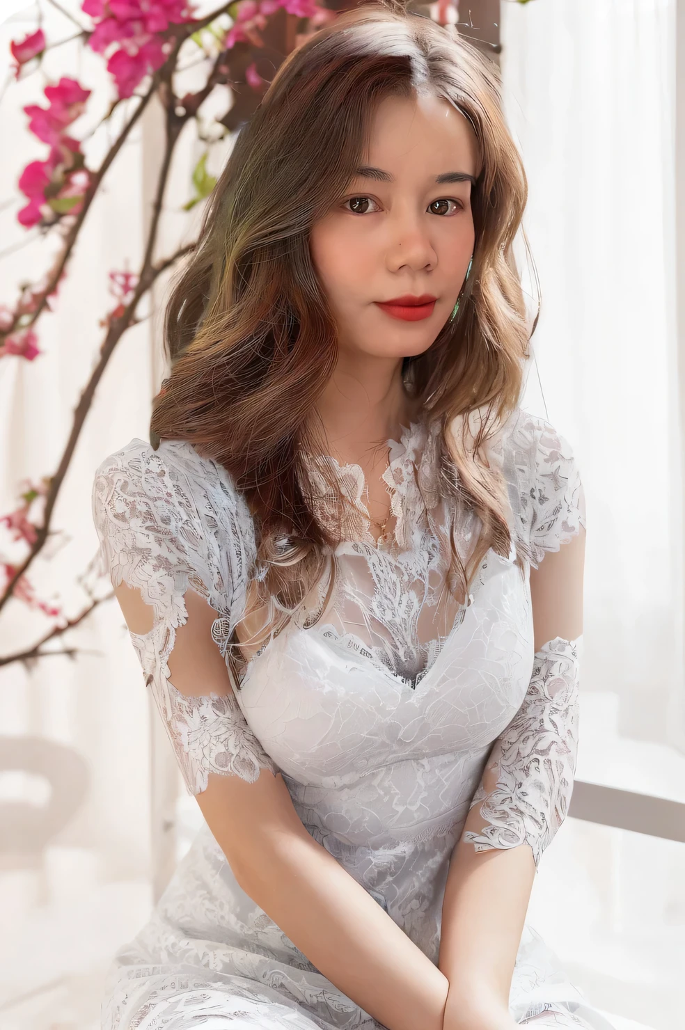 lace dress, sitting