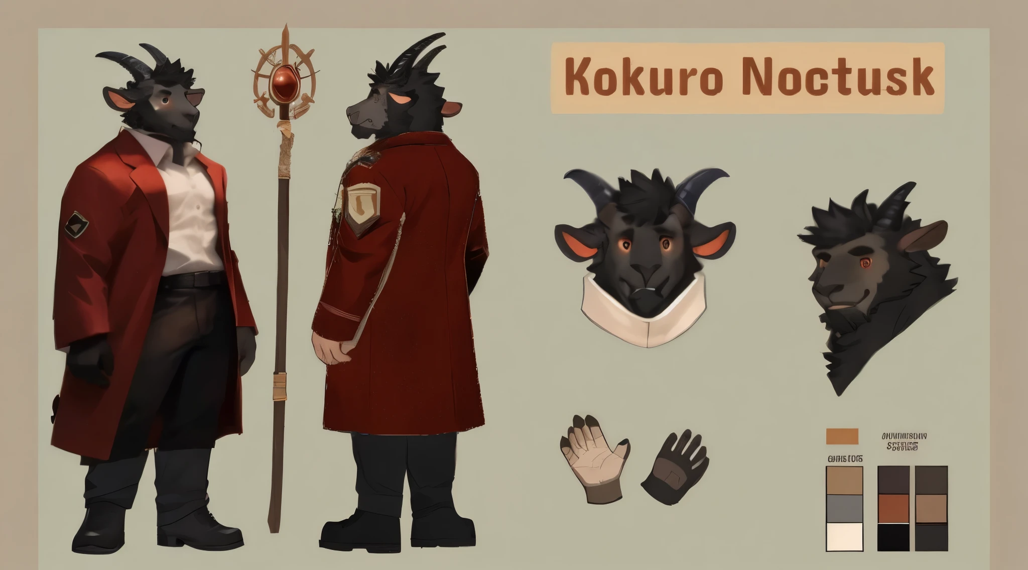 a close up of a person in a red coat and a goat head, demon noble character design, detailed full body concept art, tome + concept art, colored concept art, character concept reference art, detailed full body concept, reference sheet, full body concept art, character reference sheet, inspired by Kōno Michisei, full character concept art, dnd character design concept art