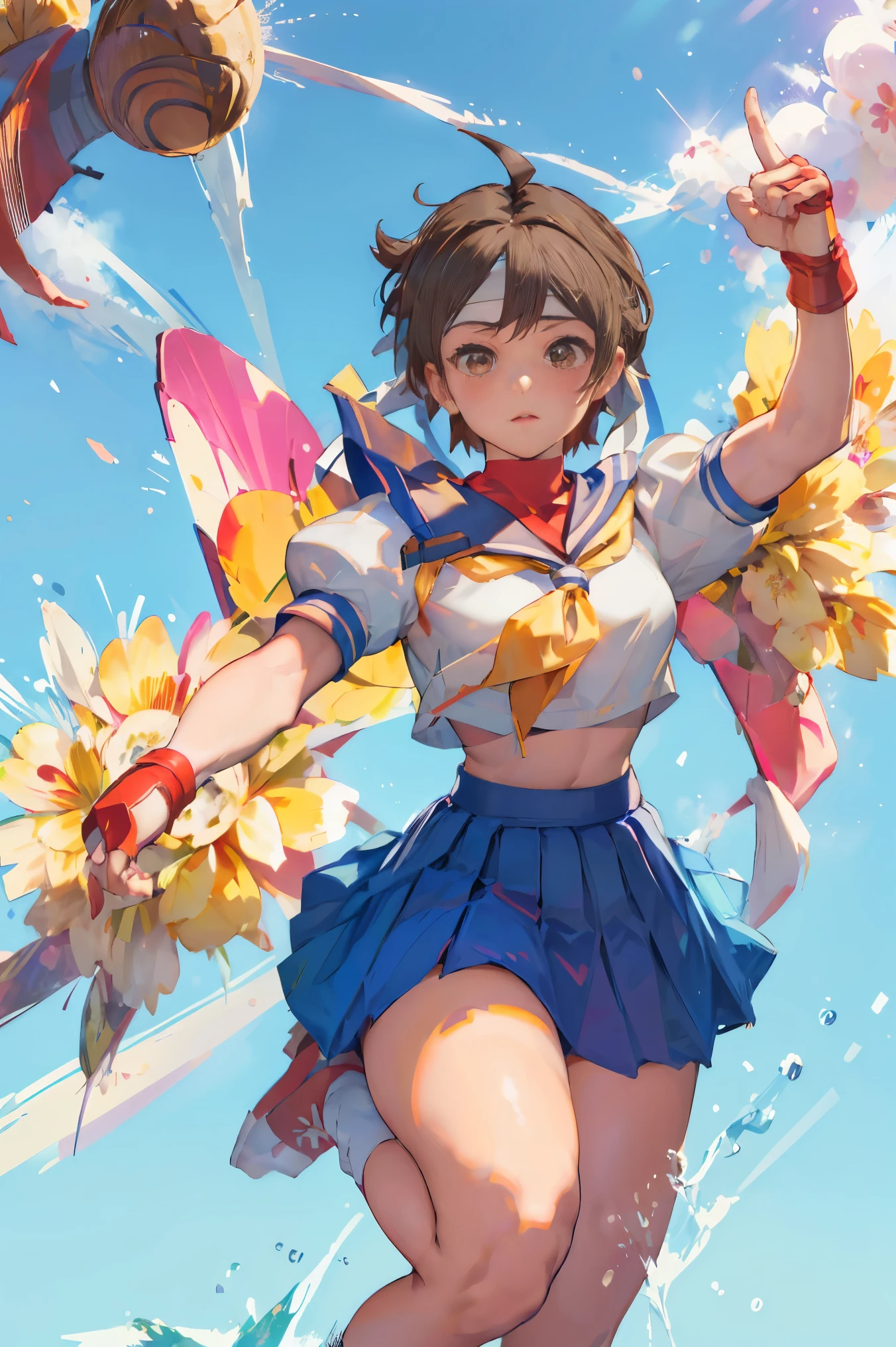 (masterpiece, best quality:1.1), 1girl solo, kasugano sakura, brown eyes, brown hair, short hair, bangs, ahoge, headband, school uniform, puffy sleeves, crop top, yellow neckerchief, blue skirt, fingerless gloves, thighs, white socks, red footwear