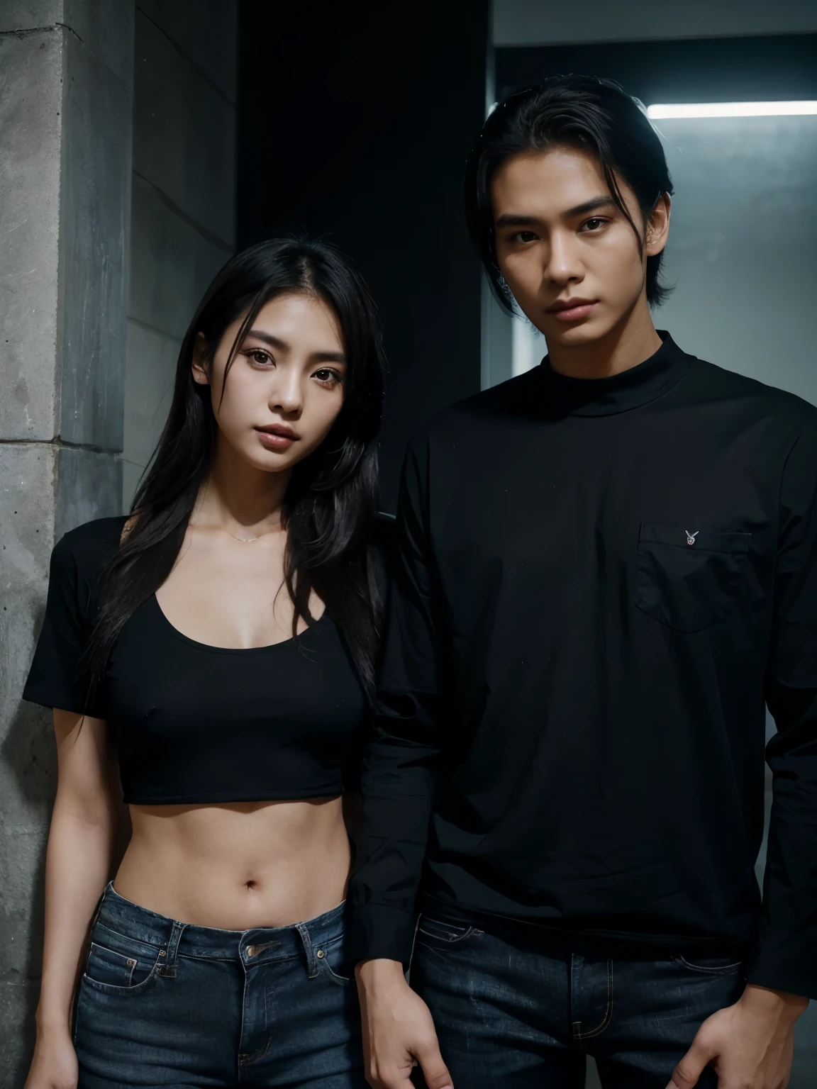 a black shirt man and a woman standing next to each other at a tourist spot in indonesia, an image inspired by Adam Dario Keel, which is trending in the cg community, beautiful young Korean woman in a black party dress, jeans, film screencap, model elisajes from acquamodels