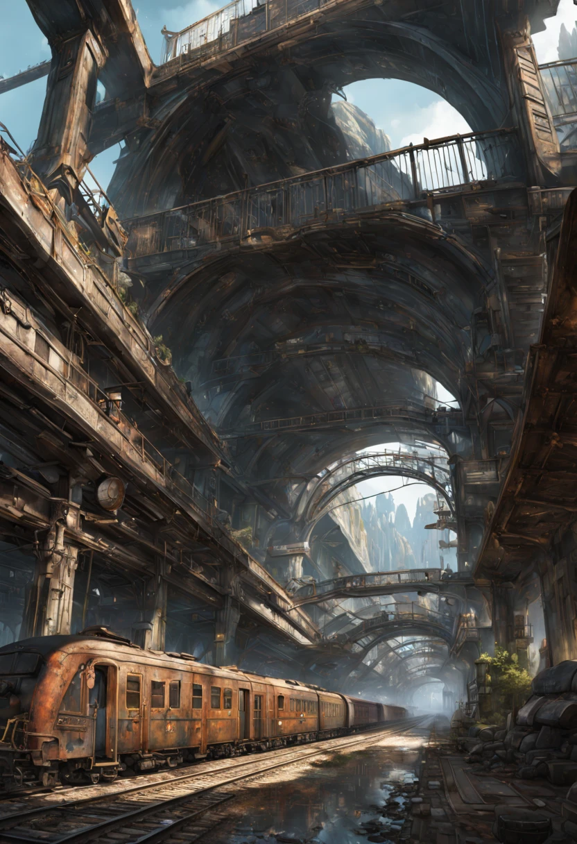 Train Station, aesthetic, Train, metal, rusted, detailed, 8k resolution, detailed matte painting, deep color, fantastical, intricate detail, splash screen, complementary colors, fantasy concept art, 8k resolution trending on Artstation Unreal Engine 5