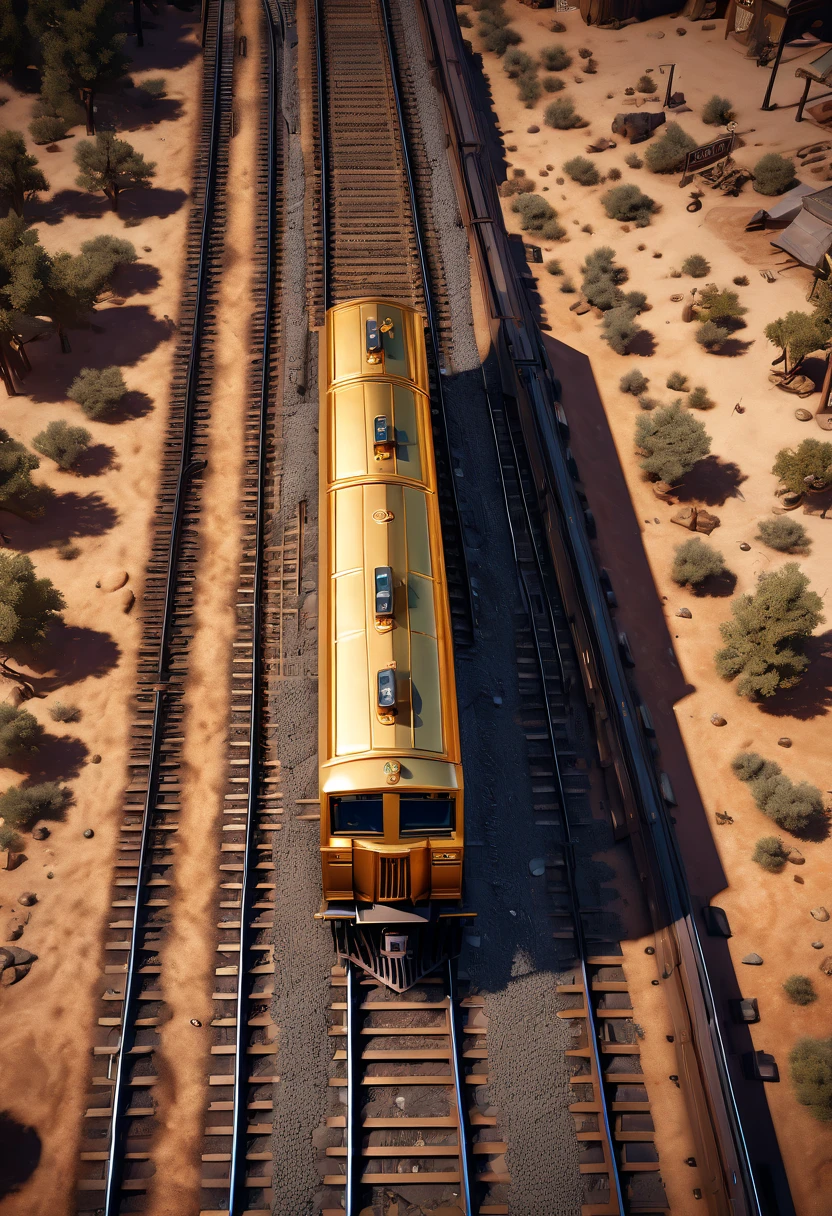 Train Station, American Wilderness, a train with A carriage of gold, from above, desert, (best quality, masterpiece, Representative work, official art, Professional, Ultra intricate detailed, 8k:1.3)