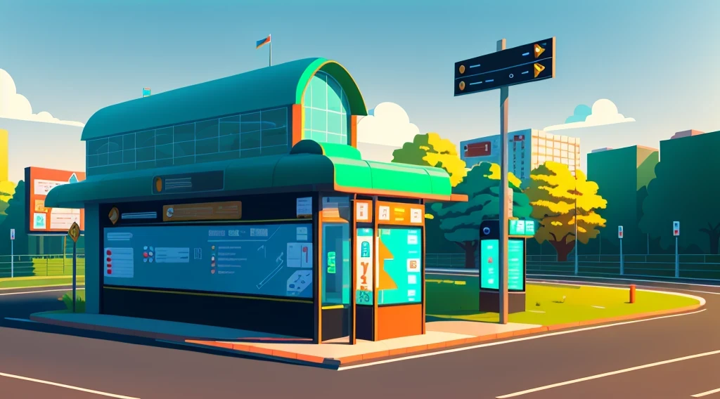 isometric style，120 degrees accurate，Poly Art，by the road，There is a bus stop，There are a lot of billboards, Three digital billboards in the middle, electronic signage, Super detailed，Super detailed，Super detailed，Super detailed，Super detailed，3D stylized scene