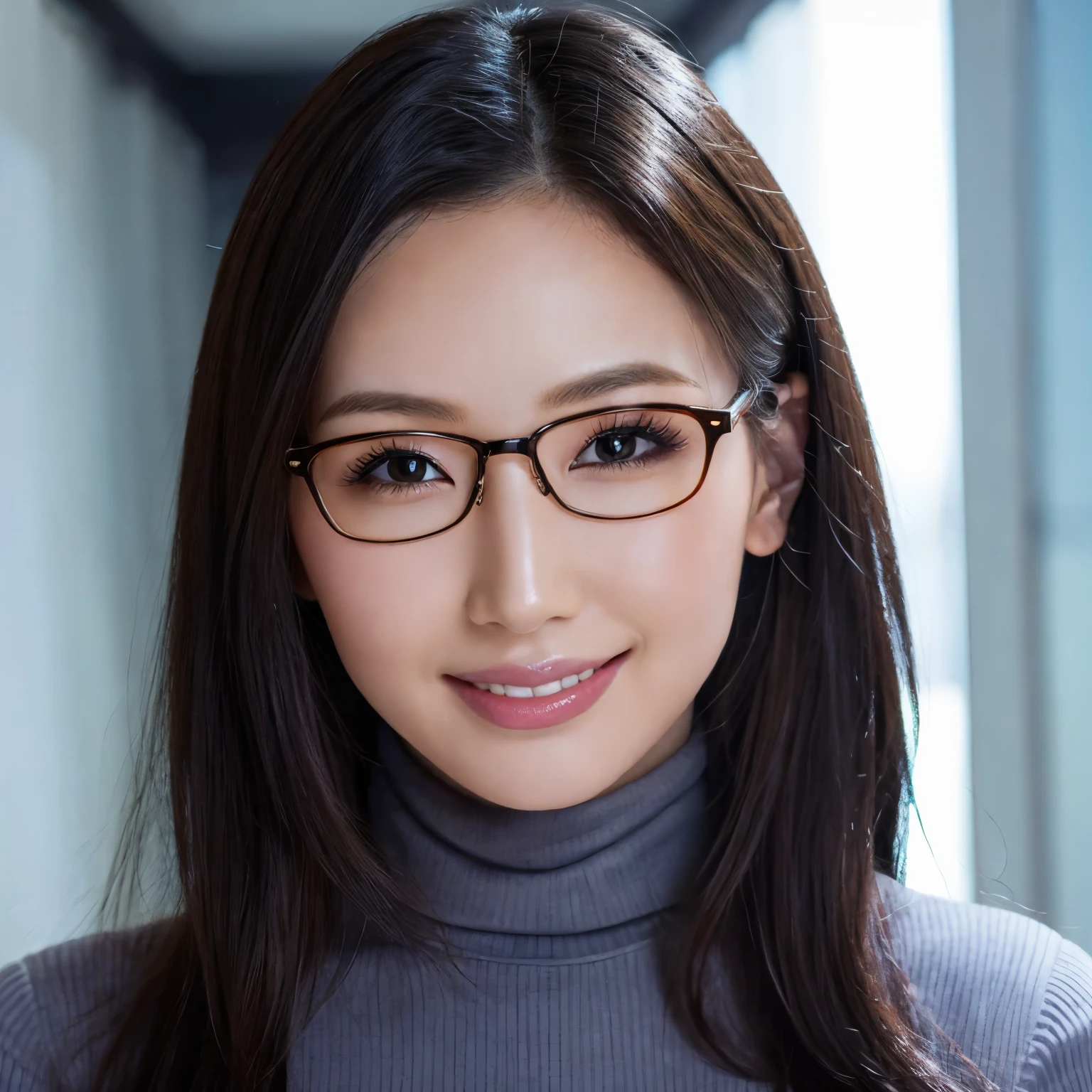 (highest quality、table top、8k、best image quality、Award-winning work)、one beautiful woman、25 years old、(alone:1.1)、perfect beautiful composition、(Huge breasts that are about to burst:1.2)、(perfect fit:1.1)、(emphasize body line:1.1)、(Very long wavy hair:1.1)、(slender body:1.1)、toned very thin waist、(Classy glasses:1.1)、(Perfect and precise black turtleneck knit sweater dress:1.1)、look at me and smile、(Blurred office corridor background:1.1)、One mole on the mouth、stand gracefully、perfect makeup、Bewitching、Overflowing sex appeal、Ultra high definition beauty face、ultra high definition hair、Super high-definition sparkling eyes、(Super high resolution glossy skin:1.1)、Super high resolution glossy lips、glossy and bright lips、accurate anatomy、(very vivid:1.1)、(photo from the chest up:1.1)