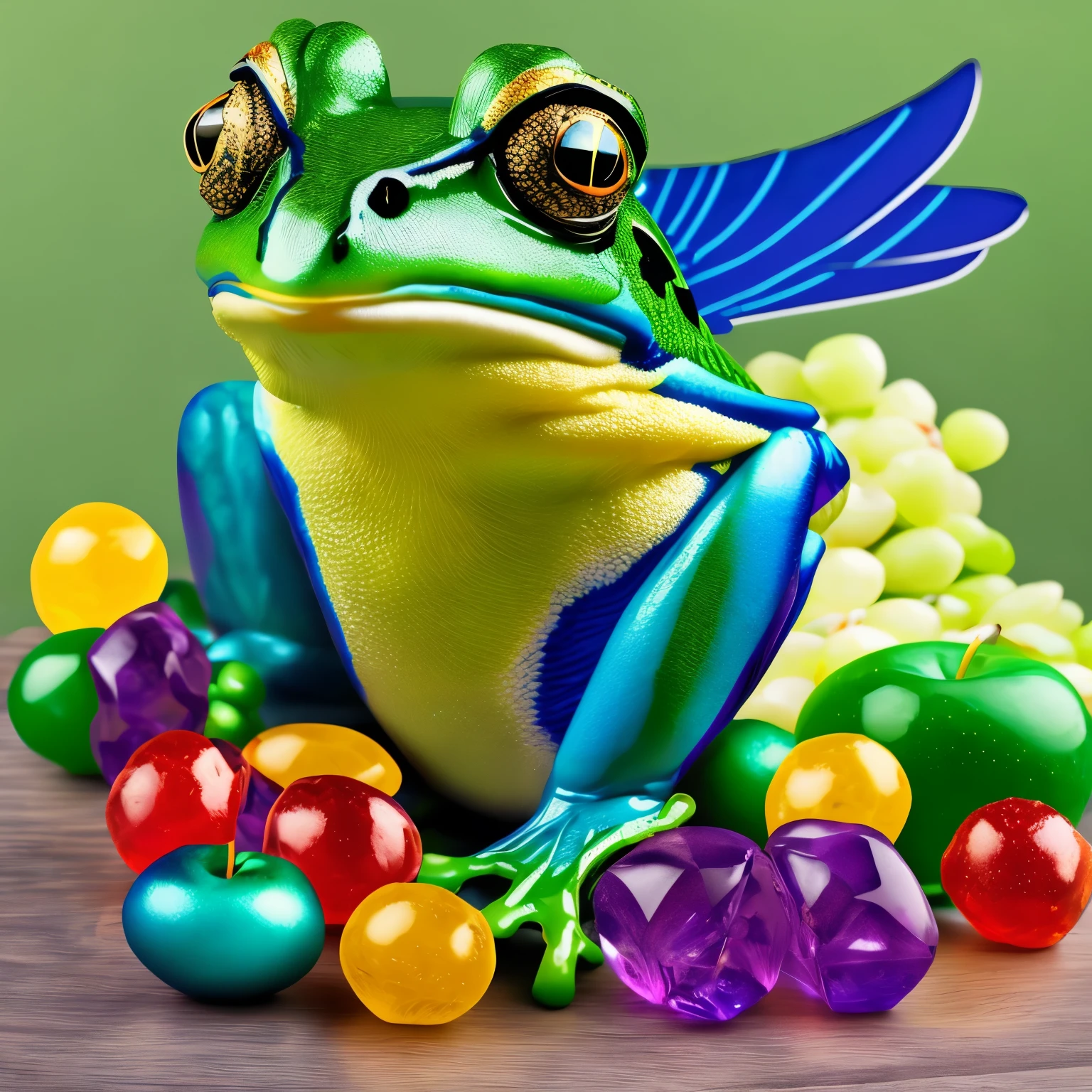 Frog with a lion's head, hawk wings and blue color drinks green apple jellybean