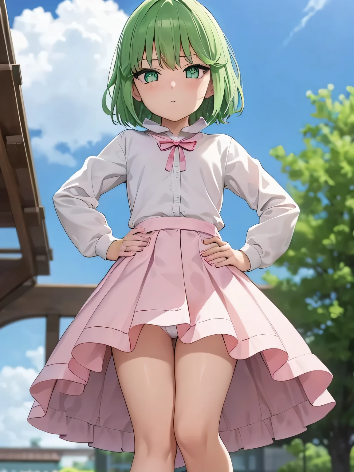 highest quality、ultra high resolution、Professional specifications、green hair,green eyes、cry、(collar),(lead)、(())、((flat chest))、medium hair、((The outline shines))、((stand with hands on hips:1.5))、((From under her feet:1.8))、small ass、((white panties))、school classroom、((10 years old))、loliconour legs wide open)))、turned up skirt、panties close up、pink and white dress、Children's wear、red ribbon、flat skirt