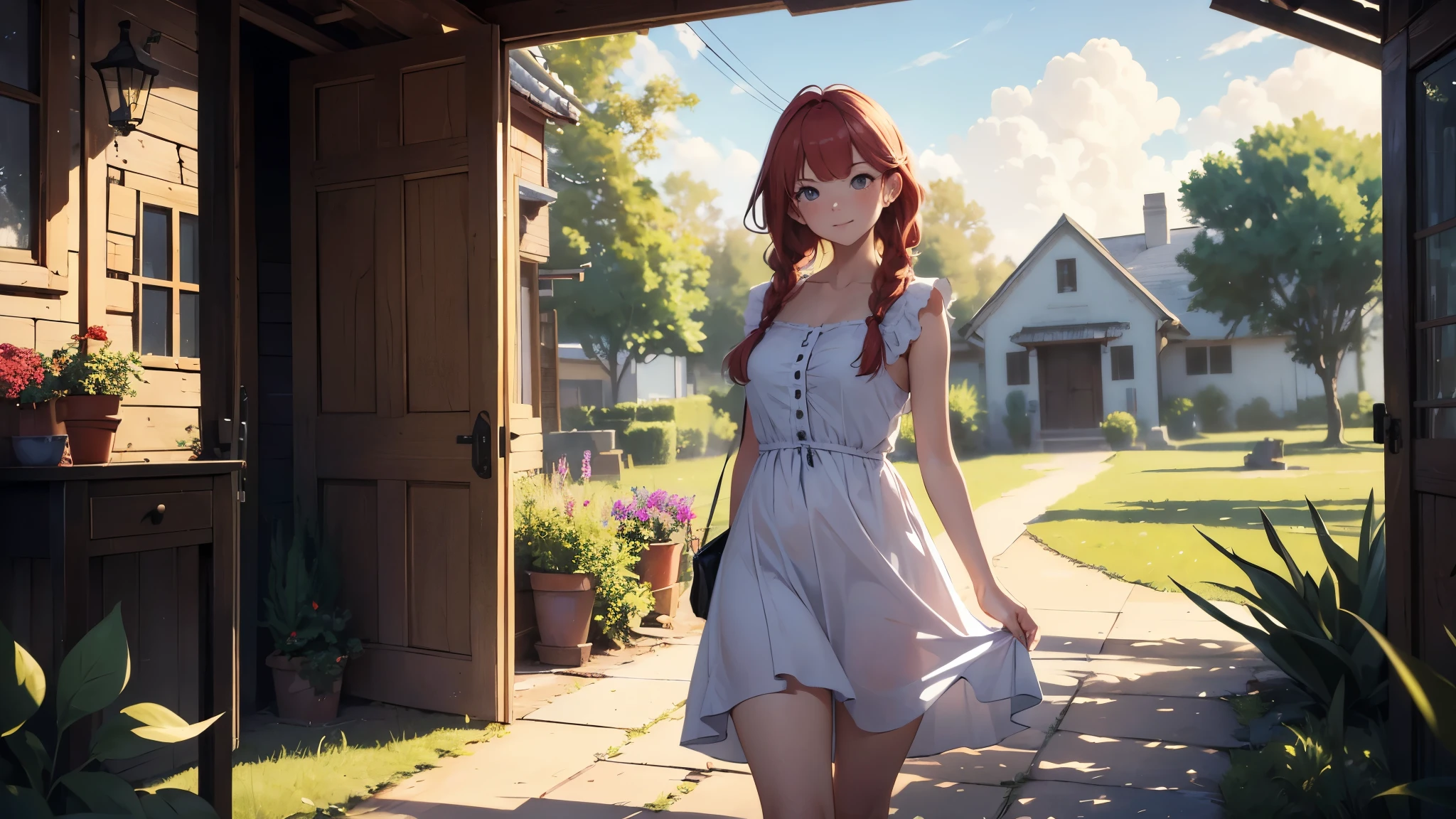 ((masterpiece,best quality,ultra detailed,ultra high res,detailed country yard background)), soft realistic focus, dynamic shadows, realistic image, vibrant colors,light leaks,dreamy atmosphere,chiaroscuro,BREAK
experimental charm, The girl is depicted in full growth, you see the girl from head to toe, nostalgic appeal, country girlfriend, she take you with yourself, simple open short dress, soft mischievous smile, freckles, shiny light red hair, she will take your hand, thick braids, More real than reality, Like woke up from a nightmare