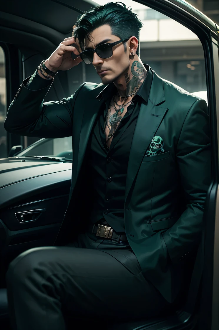 man that have dark green hair , 1 mature man , wearing dark green blue and black outfit , moons and skull pattern, wearing a black sunglasses , poses on the car looking cool, tattoo , with a chick