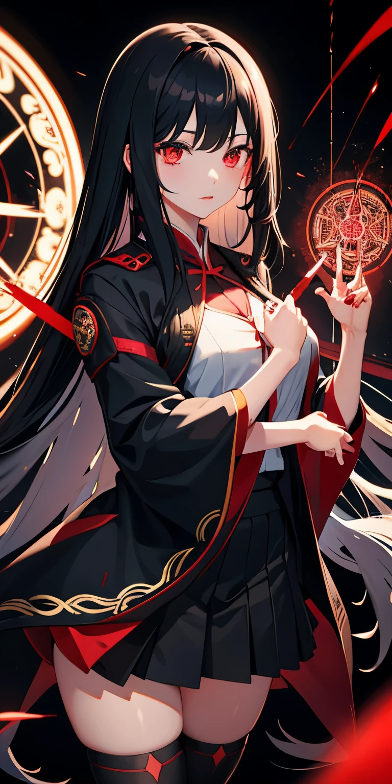 1girl, japanese clothes, long hair,black hair, red eyes, magic circle, black lighting, wallpaper, landscape, blood, blood splatter, depth of field, night, light particles, light rays, sidelighting, thighs, ****, open jacket, skirt, thighhighs, cloud