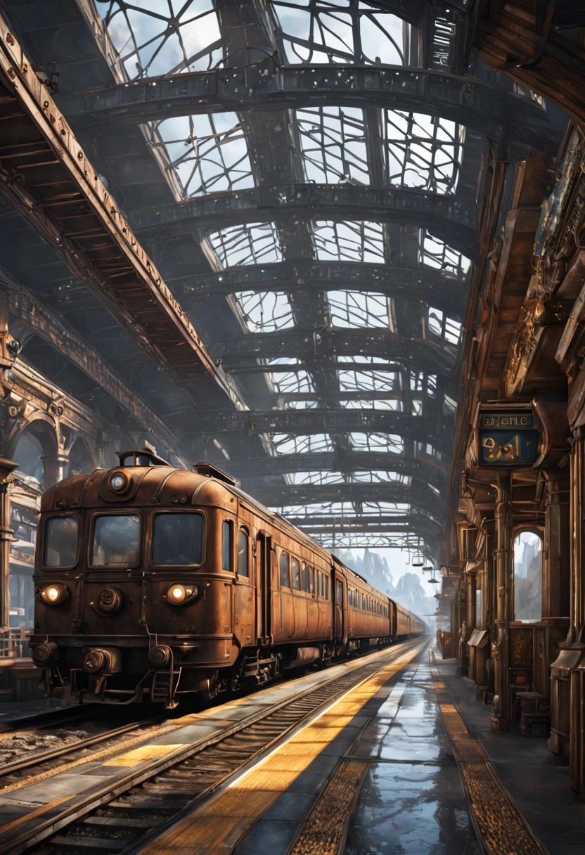 Train Station, aesthetic, Train, metal, rusted, detailed, 8k resolution, detailed matte painting, deep color, fantastical, intricate detail, splash screen, complementary colors, fantasy concept art, 8k resolution trending on Artstation Unreal Engine 5
