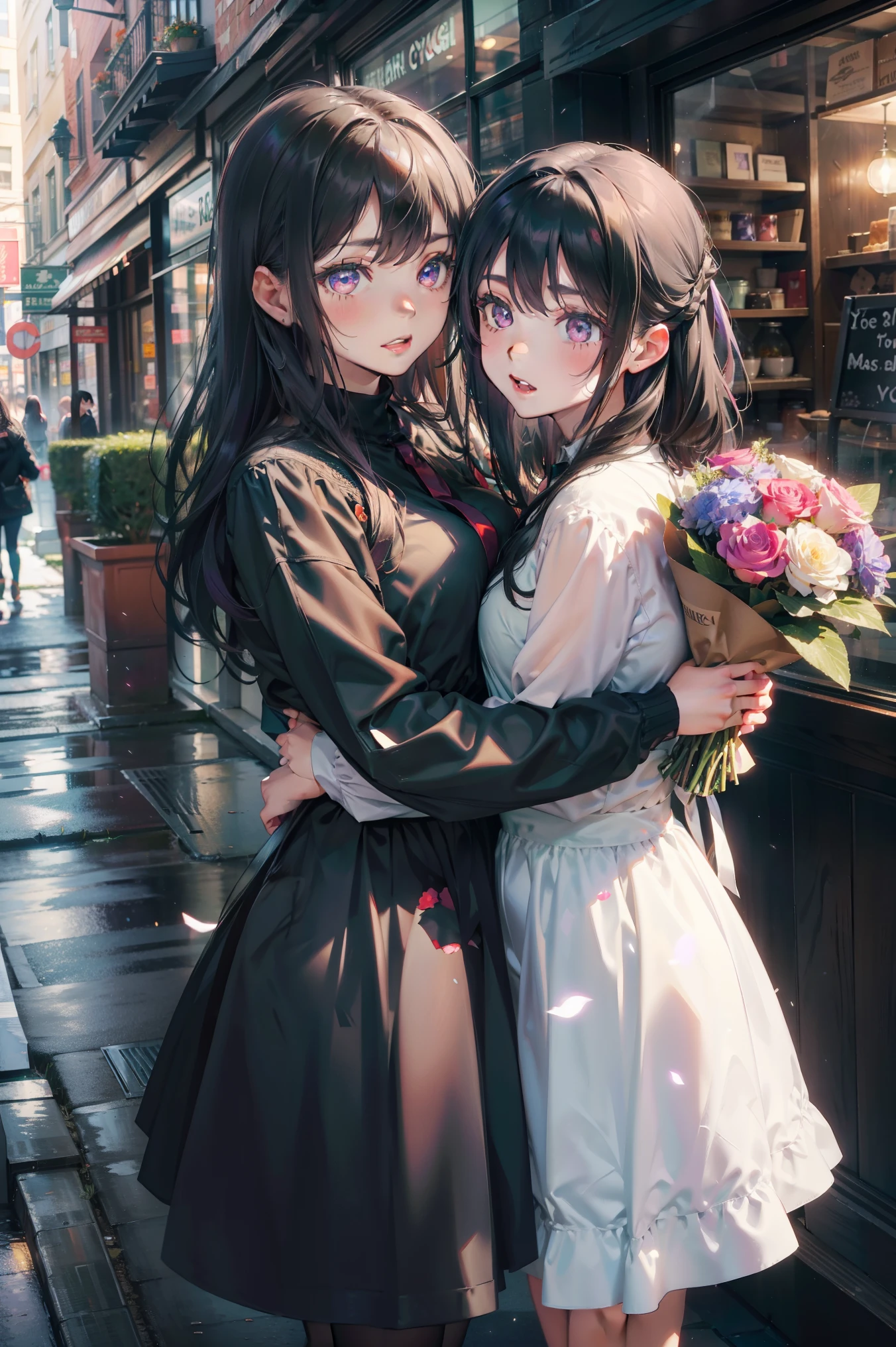 Two girls hugging each other, One has long black hair......., Purple eyes..., The other has long ash-gray hair......., Green eyes..., High quality, a couple , Girls love girls............., Yuri ,beautiful Girl, lesbian, Lovers ,. Koi., . expression of love. Lovers. date. , street wear. Jacket ,Room,Holding a bouquet of flowers,Celebrate,