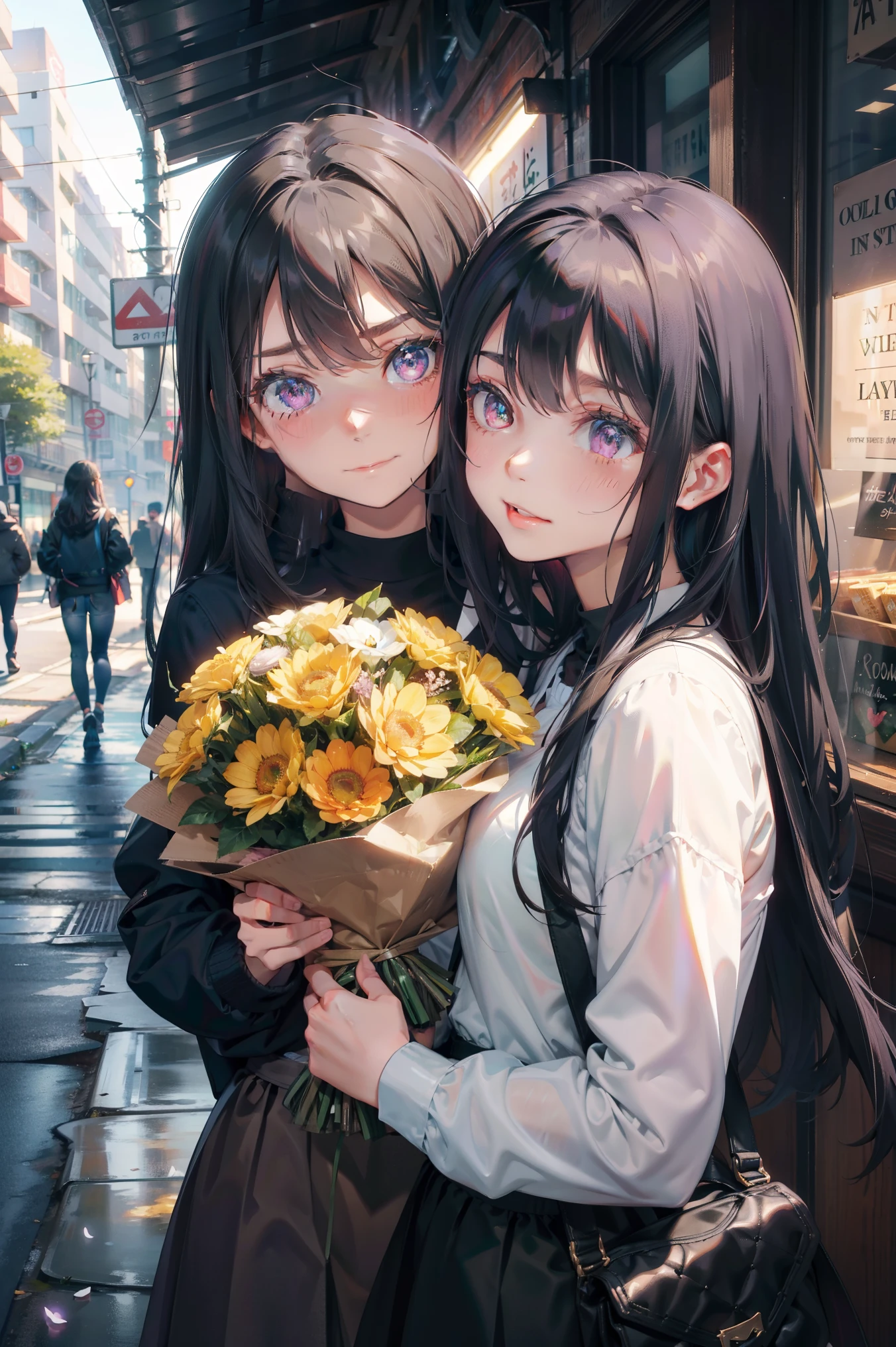 Two girls hugging each other, One has long black hair......., Purple eyes..., The other has long ash-gray hair......., Green eyes..., High quality, a couple , Girls love girls............., Yuri ,beautiful  Girl, lesbian, Lovers ,. Koi., . expression of love. Lovers. date. , street wear. Jacket ,Room，Holding a bouquet of flowers，Celebrate，