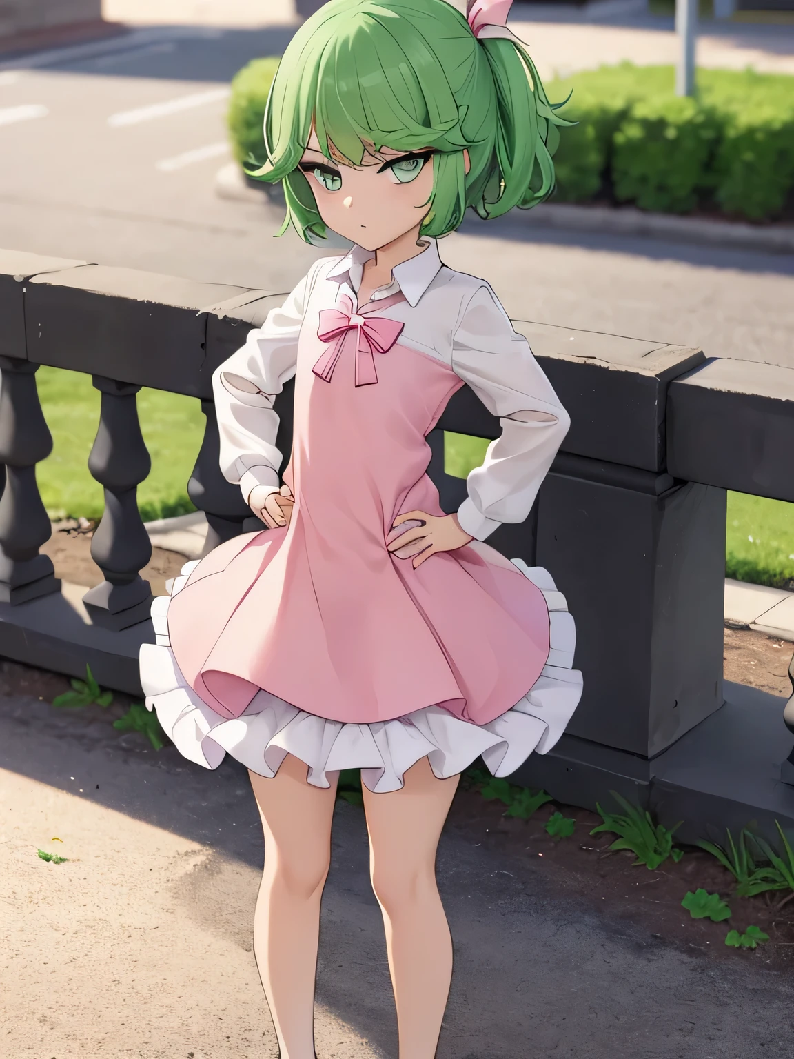 highest quality、ultra high resolution、Professional specifications、green hair,green eyes、cry、(collar),(lead)、((elementary school girl))、((flat chest))、medium hair、((The outline shines))、((stand with hands on hips:1.5))、((From under her feet:1.8))、small ass、((white panties))、school classroom、((10 years old))、****con、(((spread your legs wide open)))、turned up skirt、panties close up、pink and white dress、Children&#39;s wear、red ribbon、