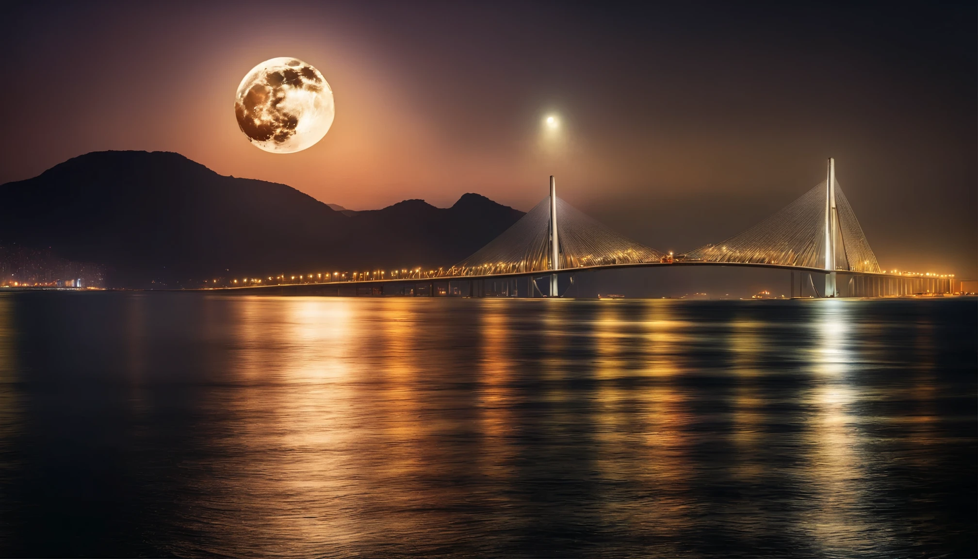 Best quality, Masterpiece, ultra high resolution, (photograph realistic:1.4), surrealism, Dream-like,fusionart, Greater Bay Area,Hong Kong-Zhuhai-Macao Bridge,Huge moon at sea,Reflecting the waves,The music is floating