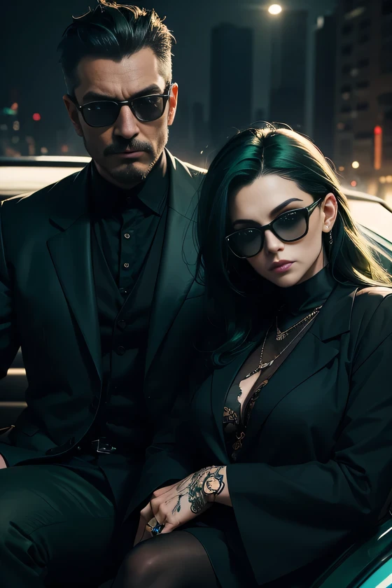 man that  have dark green  hair , 1 mature man ,  wearing  dark green blue and black outfit , moons and skull pattern, wearing a black sunglasses , poses on  the car looking cool, tattoo , with  his wife  wearing dark green outfit