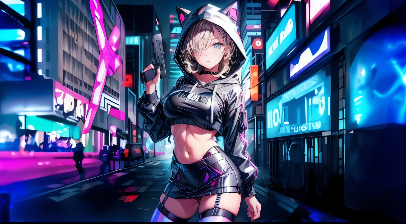 (best quality, high qualitys:1.3), 1girl, female_solo, hair over one eye, blonde-hair, grey eyes, big , holographic clothing, tight hoodie, (((under_boob))), mini_skirt, (((hood down))), (tight legwear), cyberpunk, holding_weapon, holding_handgun, holding_gun, holding, aiming, aiming_at_viewer, finger_on_trigger, handgun, pistol, m1911, beretta_92, gun, heckler_&_koch, revolver