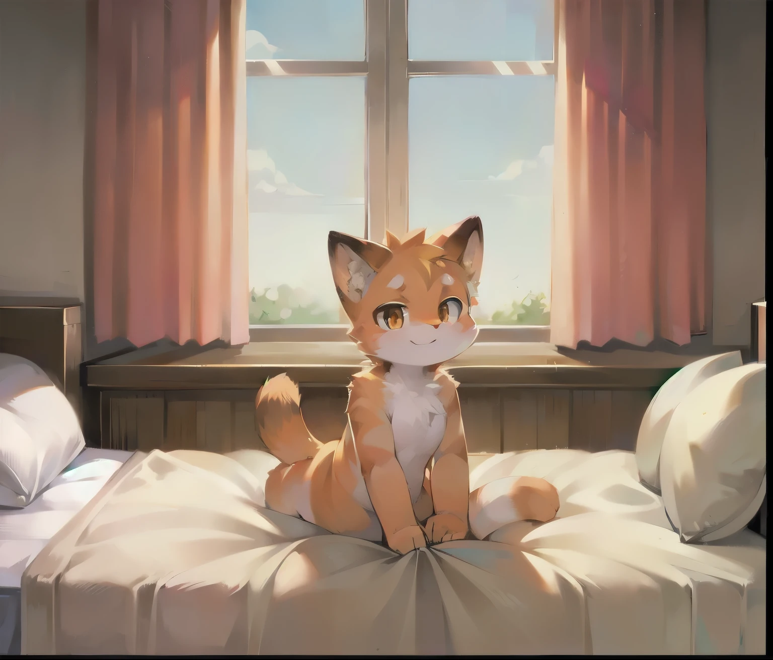 orange cat，confident smile，Two dimensions，cute，bed，window，