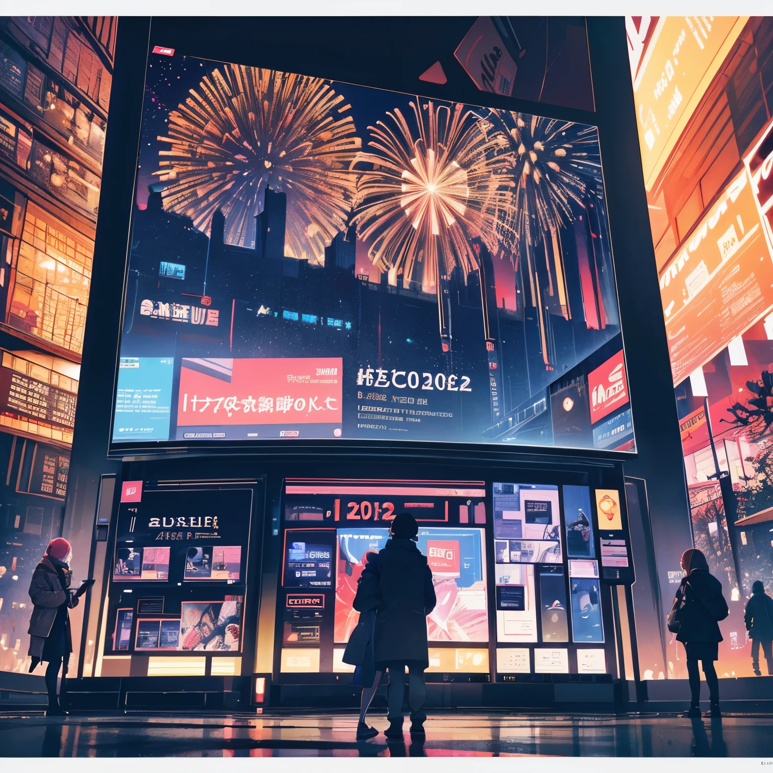 estilo dubrec,Cybernetics appears in the sky..The prospect of fireworks on New Year’s Eve 2024,Magnificent fireworks multiple exposure 1.8),(Digital signage,2024:1.5),tech city,neurona de inteligencia artificial,matriz de red,New Year'visual eve poster,Intricate poster in surreal art style.,Surreal Dream New Year Poster,Surreal Sci-fi New Year'dream poster