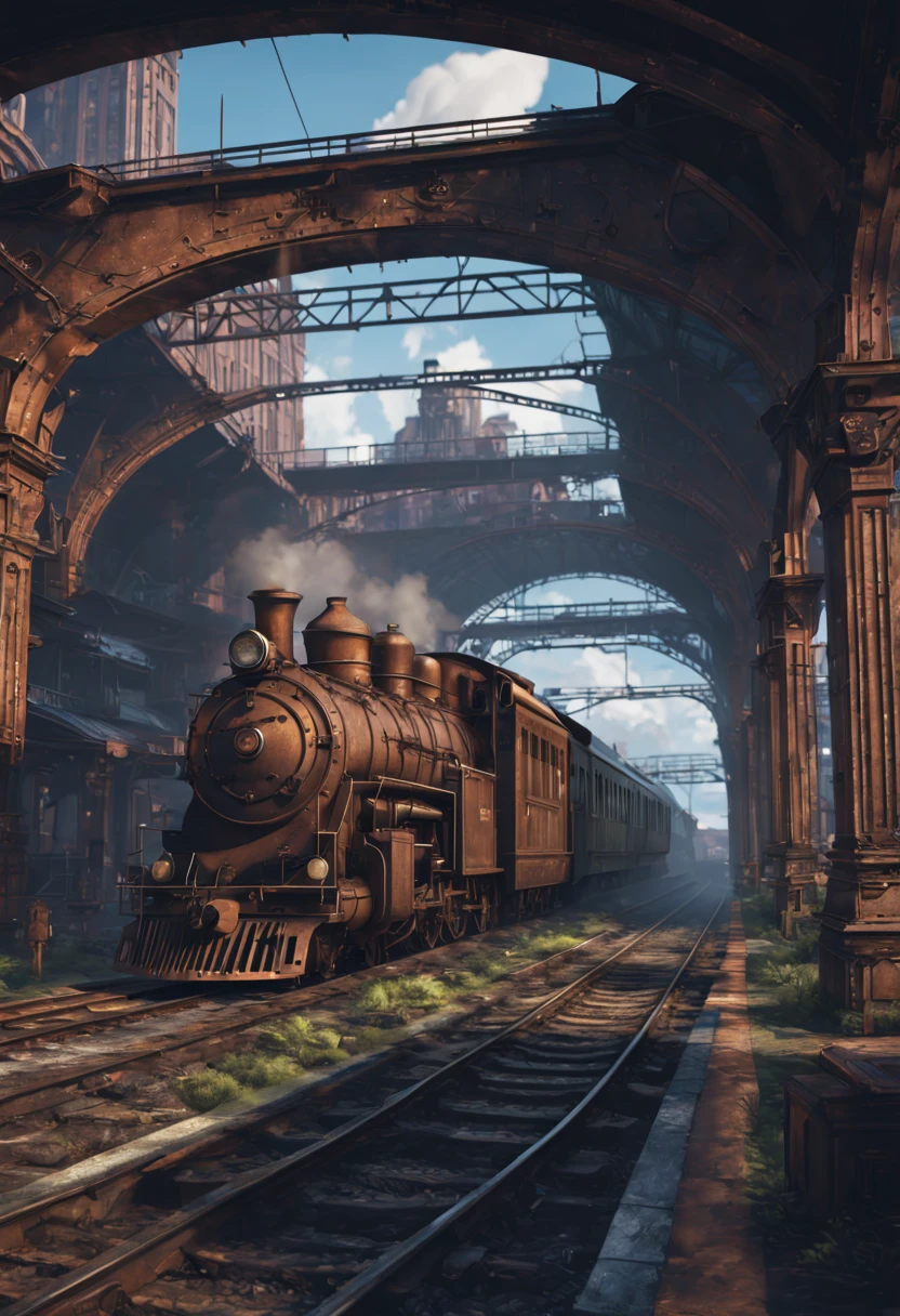 Train Station, aesthetic, Train, metal, rusted, detailed, 8k resolution, detailed matte painting, deep color, fantastical, intricate detail, splash screen, complementary colors, fantasy concept art, 8k resolution trending on Artstation Unreal Engine 5