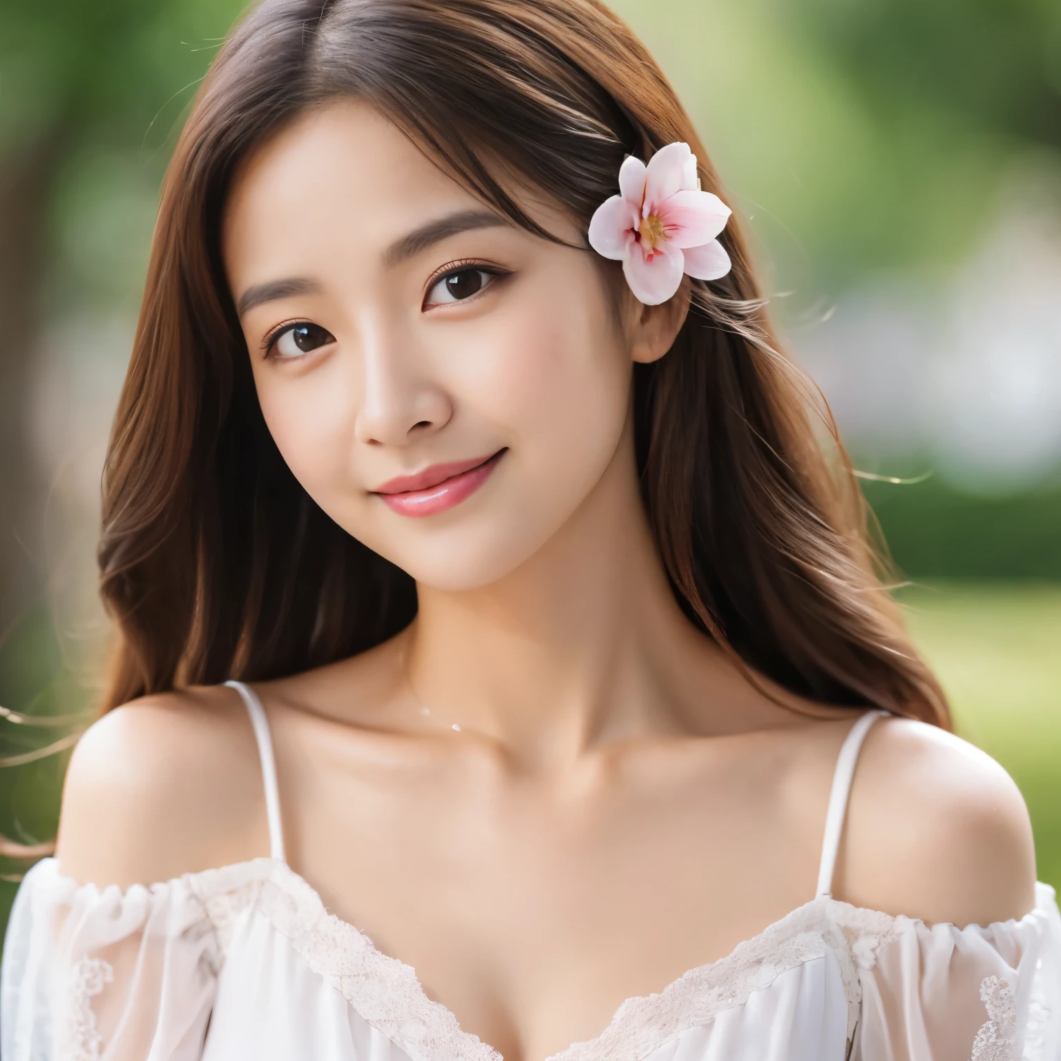 (highest quality、table top、8k、best image quality、hyper realism)、one very young girl、brown hair、long hair、Cute girly pink and white floral pattern summer clothes、(cleavage:1.2)、(narrow shoulders:1.1)、( body:1.1)、park background、(big breasts:1.1)、(One pink flower hair ornament on the head:1.1)、clear、perfect cute face、small face、baby face、highly detailed face、double eyelid、shy smile、soft light、perfect makeup、(accurate anatomy:1.1)、Super high-definition sparkling eyes、Ultra high definition glossy lips、ultra high definition hair、Ultra high definition perfect face、Super high-definition glossy skin、(Full body photo:1.1)