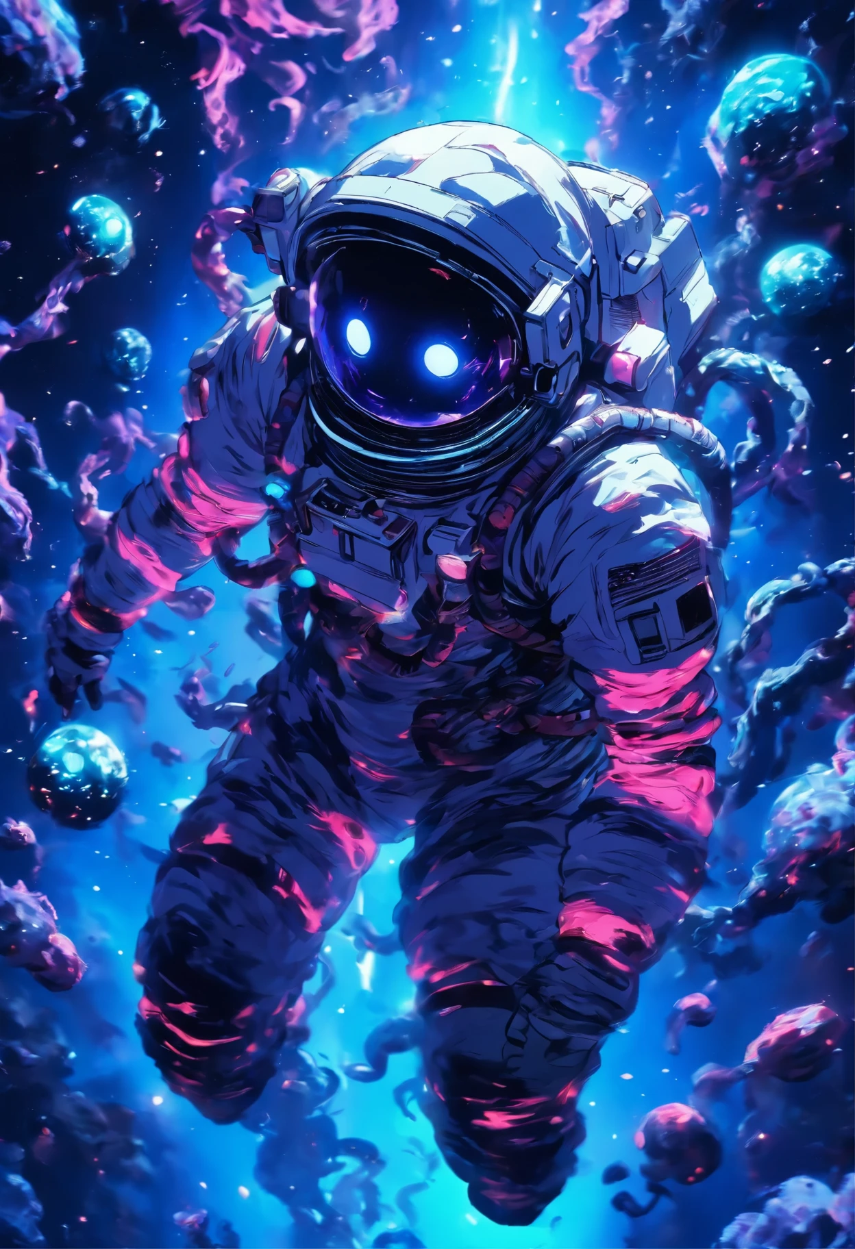 Black white and dark blue themed, An astronaut floating in dark Space with Black slime emanating from him like tentacles, black slime, science fiction, camera is shaking , Sense of Cosmic horror, C4D, Oc renderer, unreal engine, high detail, scary design, 8k HD, studio light, Space horror, solo leveling