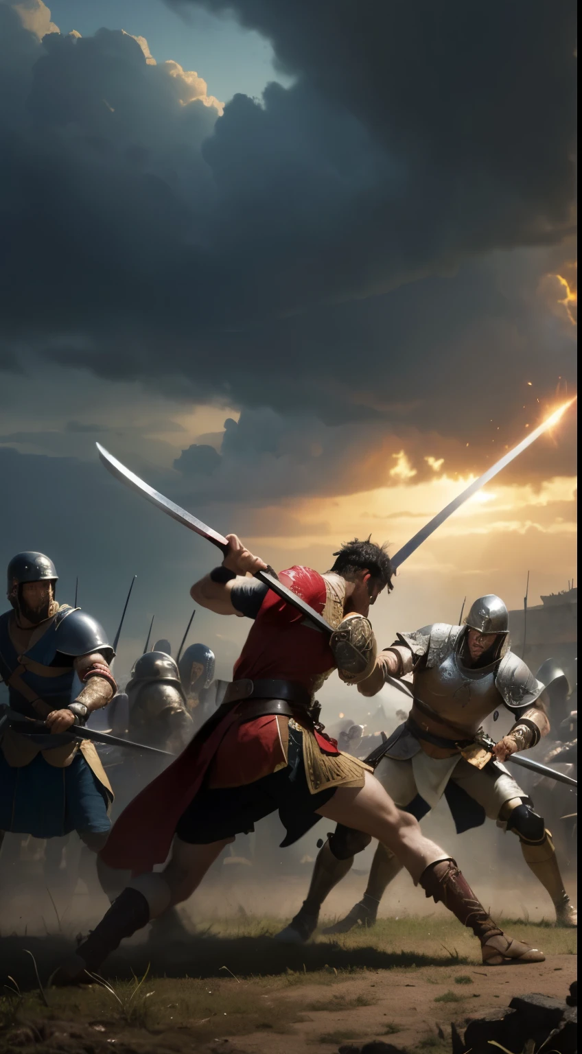 (best quality, ultra high res, CGI, official art:1.2) epic battle between two 600 AD warriors. Roman vs. Visigoth soldiers, ancient rome, brutal graphic and violent, heads being decapitated and men cut in half, the men clash with swords and are bloody and beaten, the sky is dark, Visigoth soldiers, battle-scarred and determined, fierce melee on a 5th-century battlefield, war-torn landscape, remnants of fallen civilizations, stormy sky, realistic art in the style of Gaston Bussiere and Alphonse Mucha, intricate details, intense lighting, vibrant colors, dynamic composition, looking at viewer, mid-action.(best quality, ultra high res, CGI, official art:1.2)