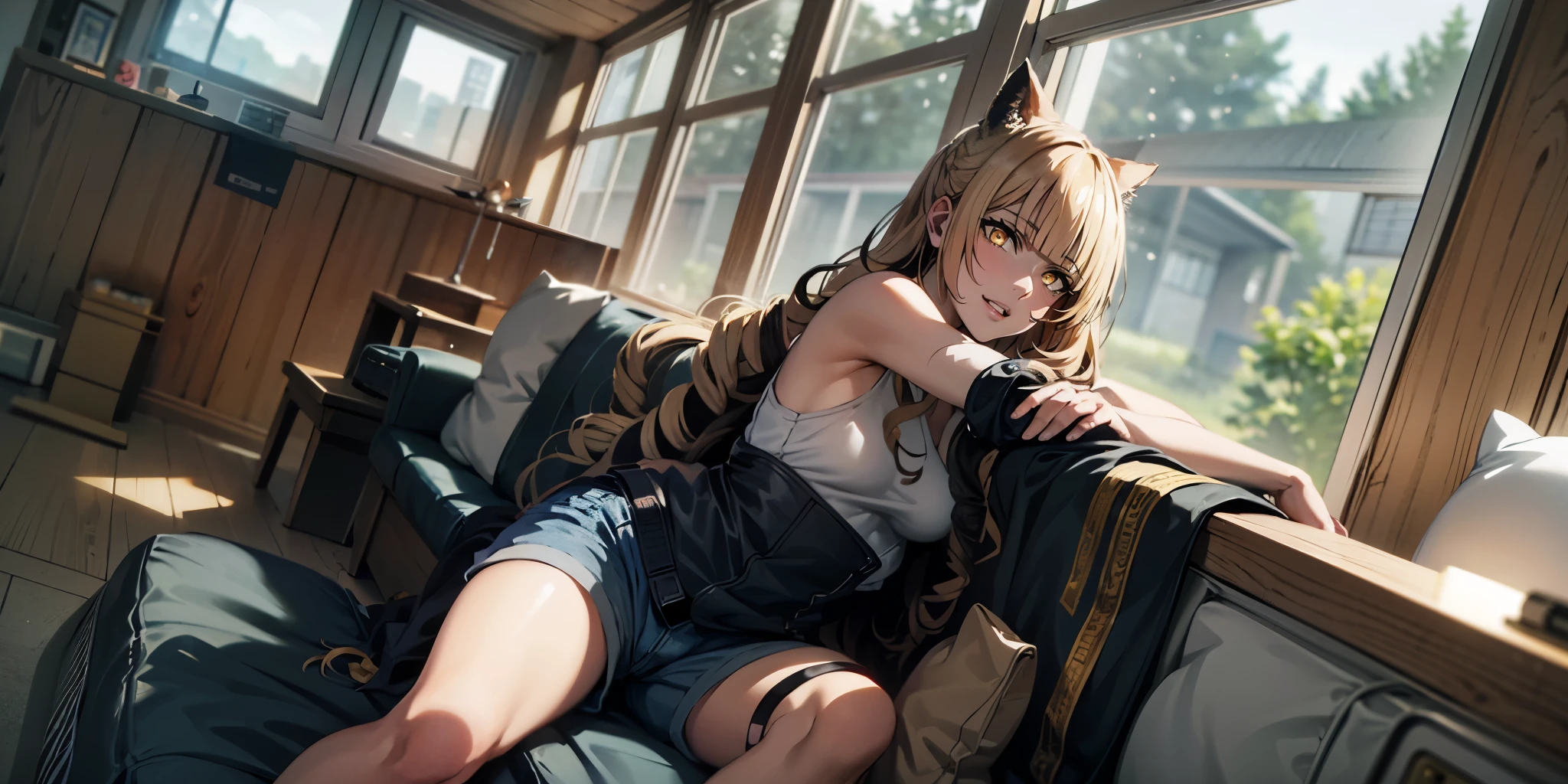 rose, blonde hair, long hair, drill hair, 1girl, long_hair, indoors, window, solo, bangs, tank_top, jacket, breasts, day, artist_name, sitting, bare_shoulders, shorts, best quality, (shaded face:1.2), hollow eyes, golden eyes, looking at viewer, facing viewer, smug, upper teeth, lips, glowing eyes,