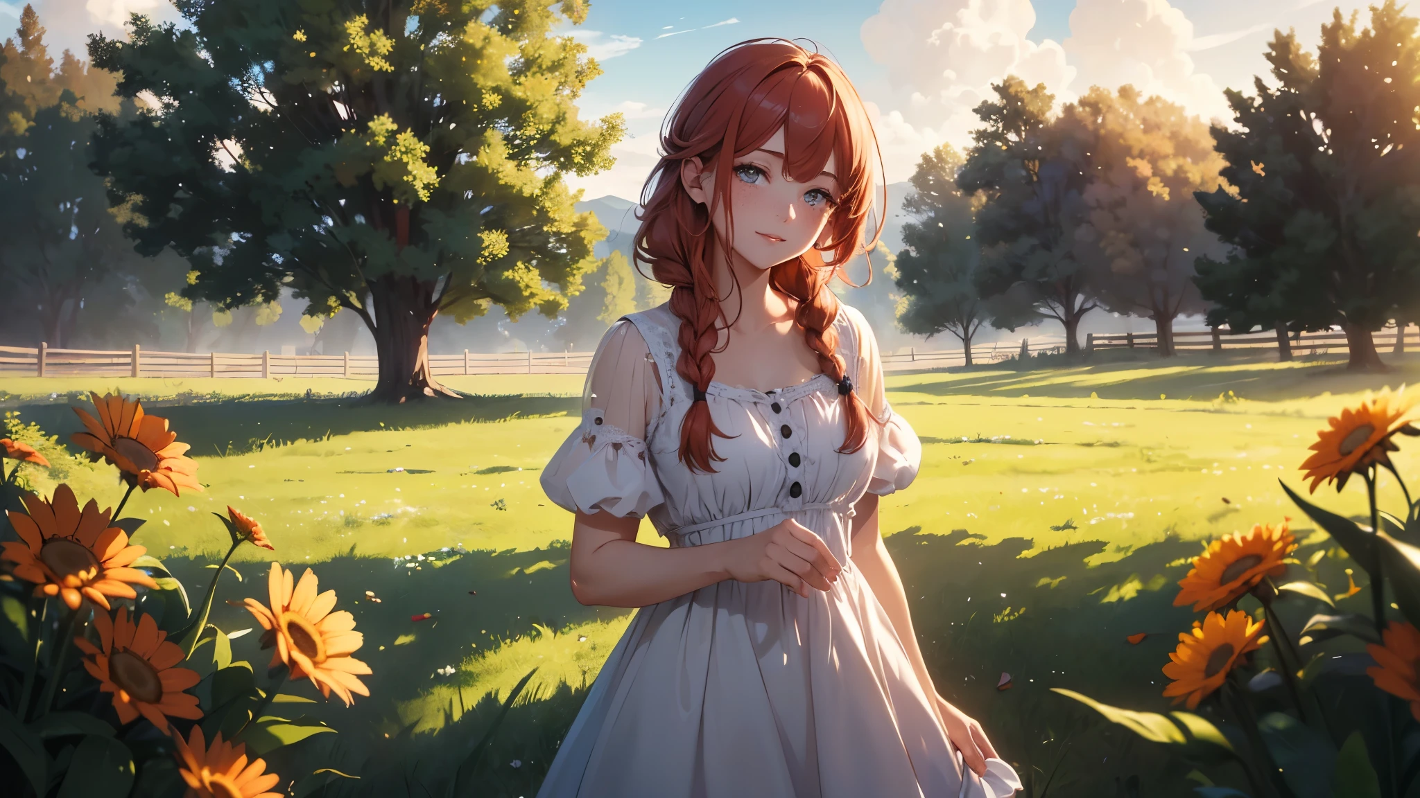 ((masterpiece,best quality,ultra detailed,ultra high res,detailed country yard background)), soft realistic focus, dynamic shadows, realistic image, vibrant colors,light leaks,dreamy atmosphere,chiaroscuro,BREAK 
experimental charm, The girl is depicted in full growth, you see the girl from head to toe, nostalgic appeal, country girlfriend, she take you with yourself, simple open short dress, soft mischievous smile, freckles, shiny light red hair, she will take your hand, thick braids, More real than reality, Like woke up from a nightmare
