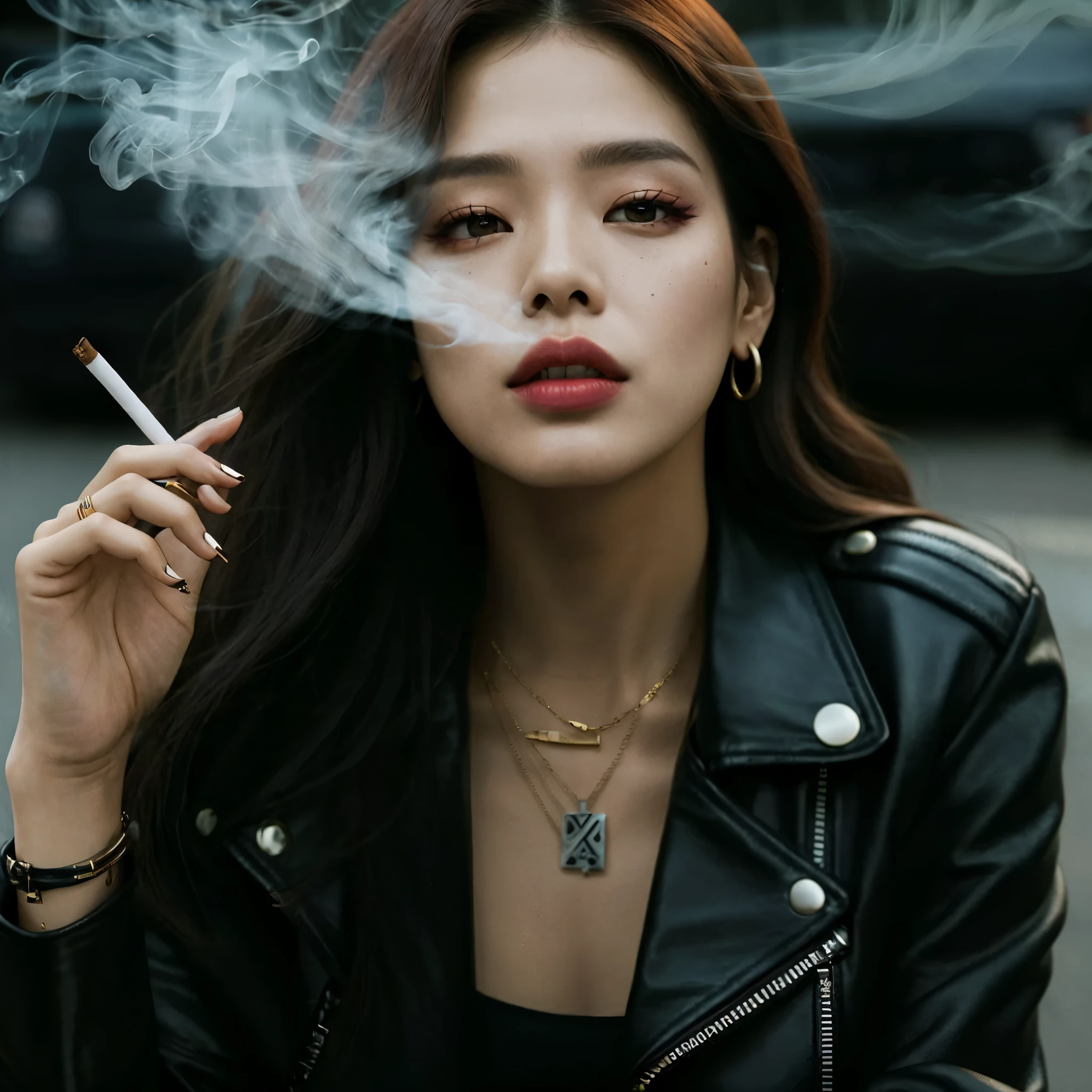 araffe woman smoking a cigarrillo while wearing a black leather jacket, Jennie rosa negra, dramatic smoking pose, muchacha coreana, cigarrillo, woman smoking cigarrillo, mujer coreana, con cigarro, smoking cigarrillo, portrait of jossi de blackpink, mujer fumando, woman smoking a cigarrillo, beautiful south mujer coreana, jossi de blackpink, artista coreano, cigarrillo smoke, gorgeous young mujer coreana