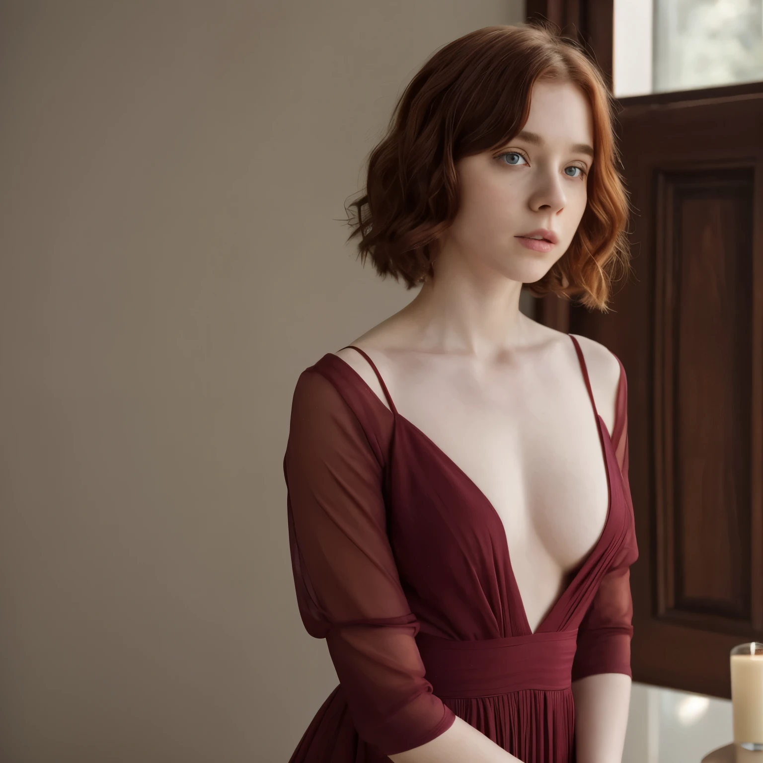 Sophia Lillis, lean body, tight maroon dress, pale skin, long wavy hair, small breasts, cleavage