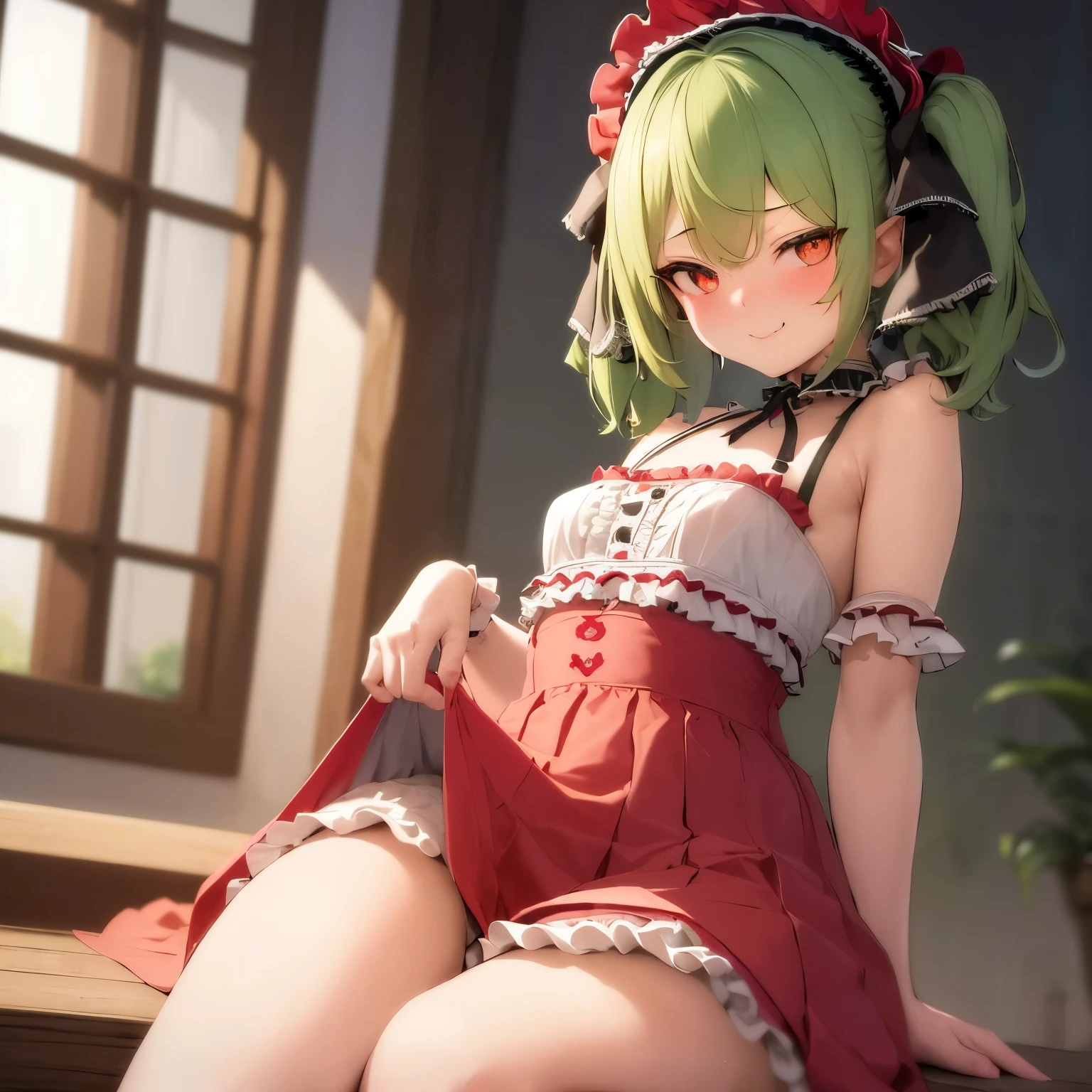 Girl seen from the floor, It's okay to wear a skirt, red skirt, View from below, I can see my panties, small breasts, ((Very detailed)), (Perfectly detailed face),smiling, short hair, Green Hair, blue eyes, mecha headgear, elbow gloves, (Highly detailed hands), Photorealistic images,White panty,up skirt,Lace panties,Not looking at the camera,Thin panties, cute girl