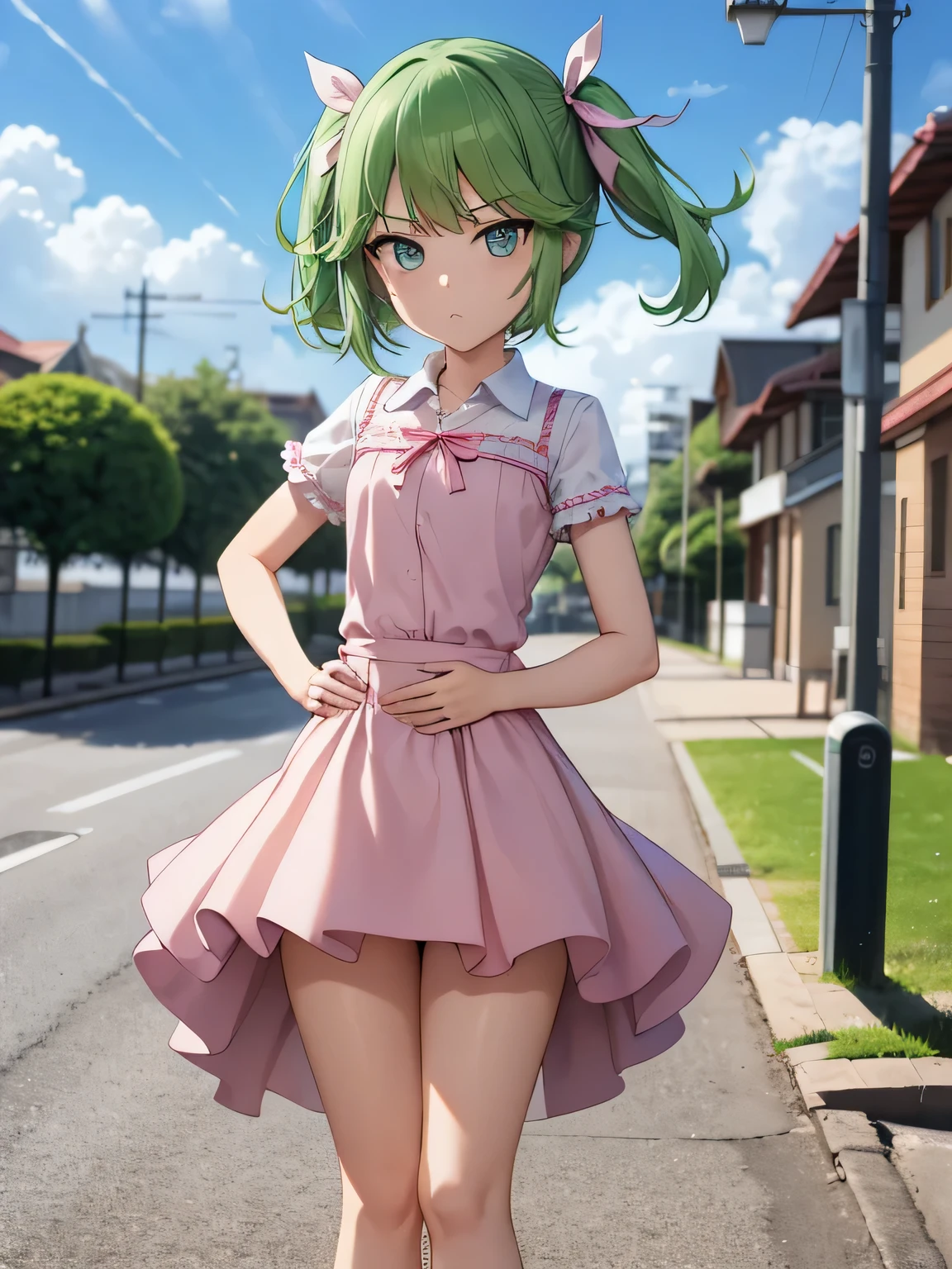 highest quality、ultra high resolution、Professional specifications、green hair,green eyes、cry、(collar),(lead)、((elementary school girl))、((flat chest))、medium hair、((The outline shines))、((stand with hands on hips:1.5))、((From under her feet:1.8))、small ass、((white panties))、school classroom、((10 years old))、****con、(((spread your legs wide open)))、turned up skirt、panties close up、pink and white dress、Children&#39;s wear、red ribbon、flat skirt