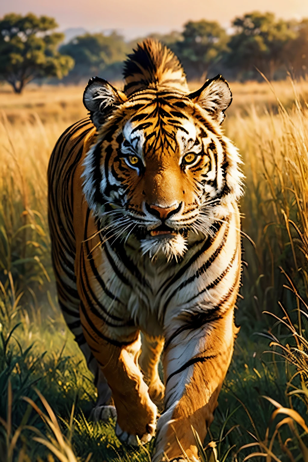 [(best quality,4k,highres), ultra-detailed, realistic:1.37], tiger, [sneaks, stealthily moves], [across the savannah, through the tall grass], [golden sunlight, casting long shadowajestic, powerful, fierce], [bright, vibrant colors], [luminous green eyes, piercing gaze], [stripes, contrasting with the surrounding environment], [graceful, muscular movements], [background of African wildlife], [sensational, awe-inspiring], [wild, untamed beauty].