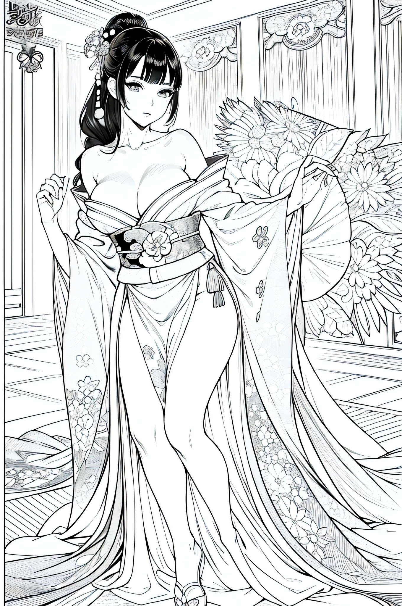 Una mujer vestida kimono, NSFW, sexy, (((mujer de pechos grandes))),acostada en el piso Tiene un rostro hermoso.. She is dressed in a luxurious kimono. . El dibujo detallado sexy. alta calidad de imagen.