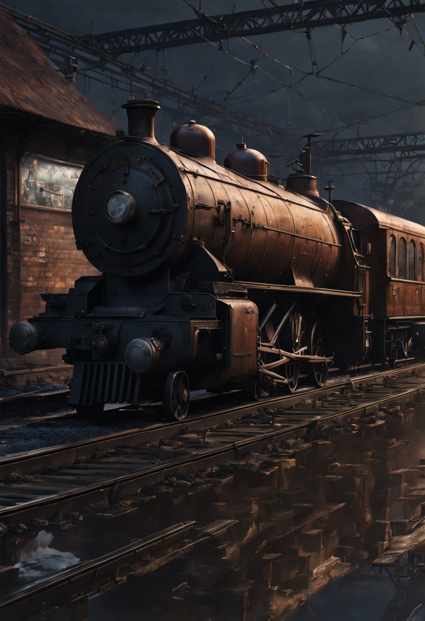 Train Station, aesthetic, Train, metal, rusted, detailed, 8k resolution, detailed matte painting, deep color, fantastical, intricate detail, splash screen, complementary colors, fantasy concept art, 8k resolution trending on Artstation Unreal Engine 5