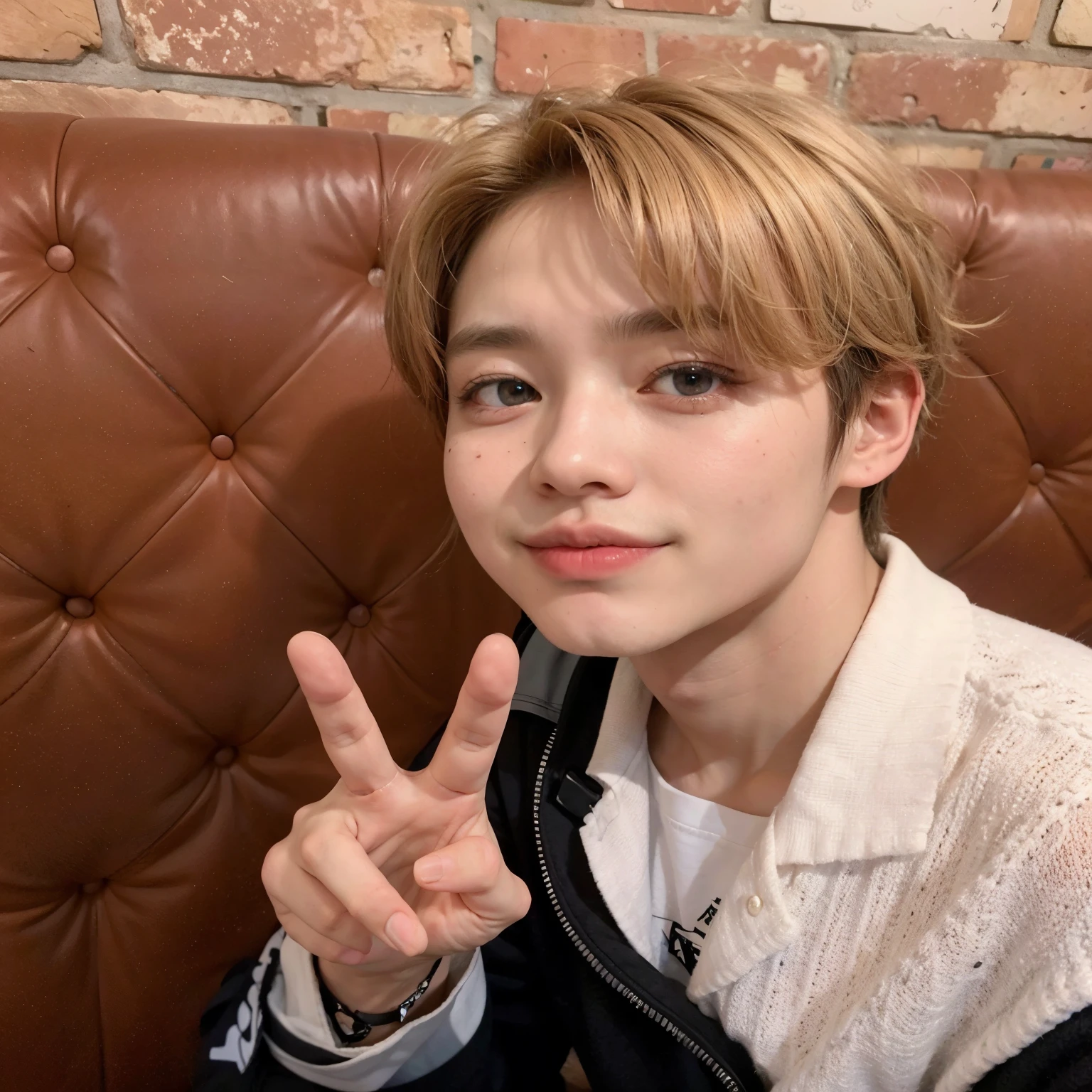 blurred photo of a man sitting on a couch making a peace sign, park Jimin, Jimin, Jimin\the full lips, hyung tae, Jimin\o nariz grego, Jimin\the right eyelid is swollen, Jung Jaehyun, accurate Jimin face, Cai Xukun, taejune kim, Kim Doyoung, todos do grupo nct, Hong junho hyung, Jimin bts