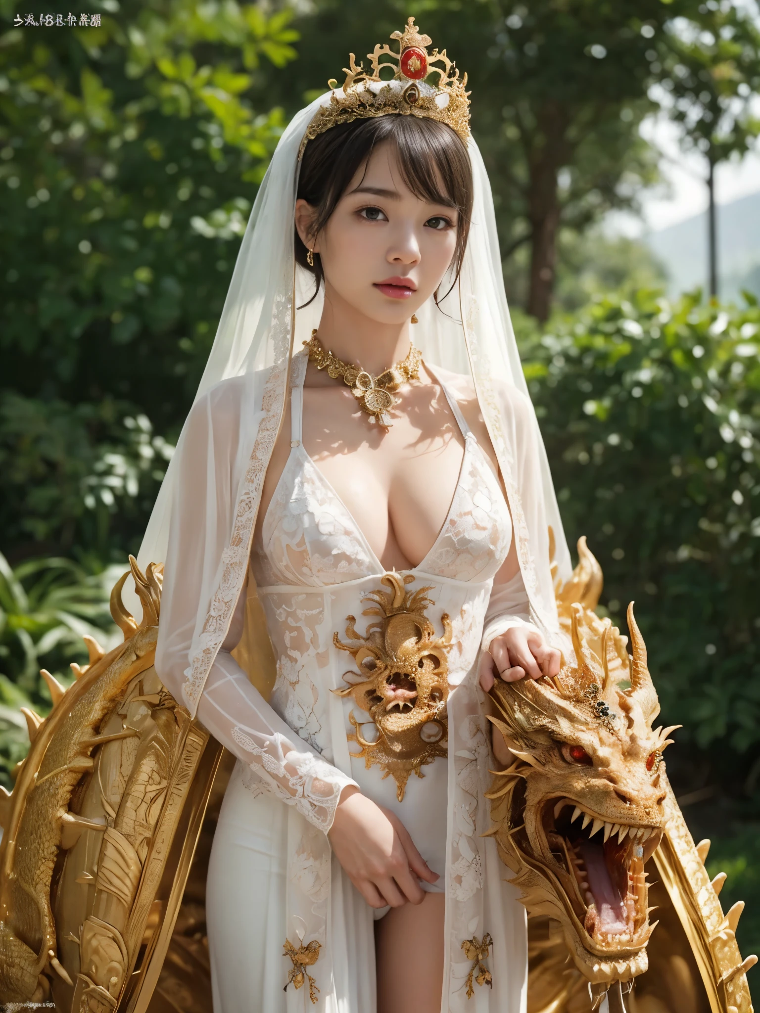(((super weight milk)))、(A fierce battle with the dragon)、highest quality、masterpiece、ultra high resolution、(白Dragon Armor)、Dragon Armor、(wears a beautiful crown made of precious stones)、(Photoreal:1.4)、Raw photo、1 girl、golden hair、glowing skin、(((chinese dragon)))、(Expression like a gorgeous jewelry necklace)、(Fight against big dragons)、with a beautiful knife、(white metal bodysuit)、(beautiful forest background)、sheer cliff、(Small LED)、((Super realistic details))、Portrait、global illumination、shadow、octane rendering、8K、super vivid、big breasts、Raw skin exposed in cleavage、Metal、intricate ornamental details、japanese details、yellow eyes、shining eyes、facing the camera、neon detail mechanical limbs)、(Blood vessels connected to the ductechanical vertebrae attached to the back、mechanical cervical vertebrae)Worn on the neck、(Wires or cables connected to the head)、Mechanical thigh、two stock、(Hands are also machine made)、(veil)、