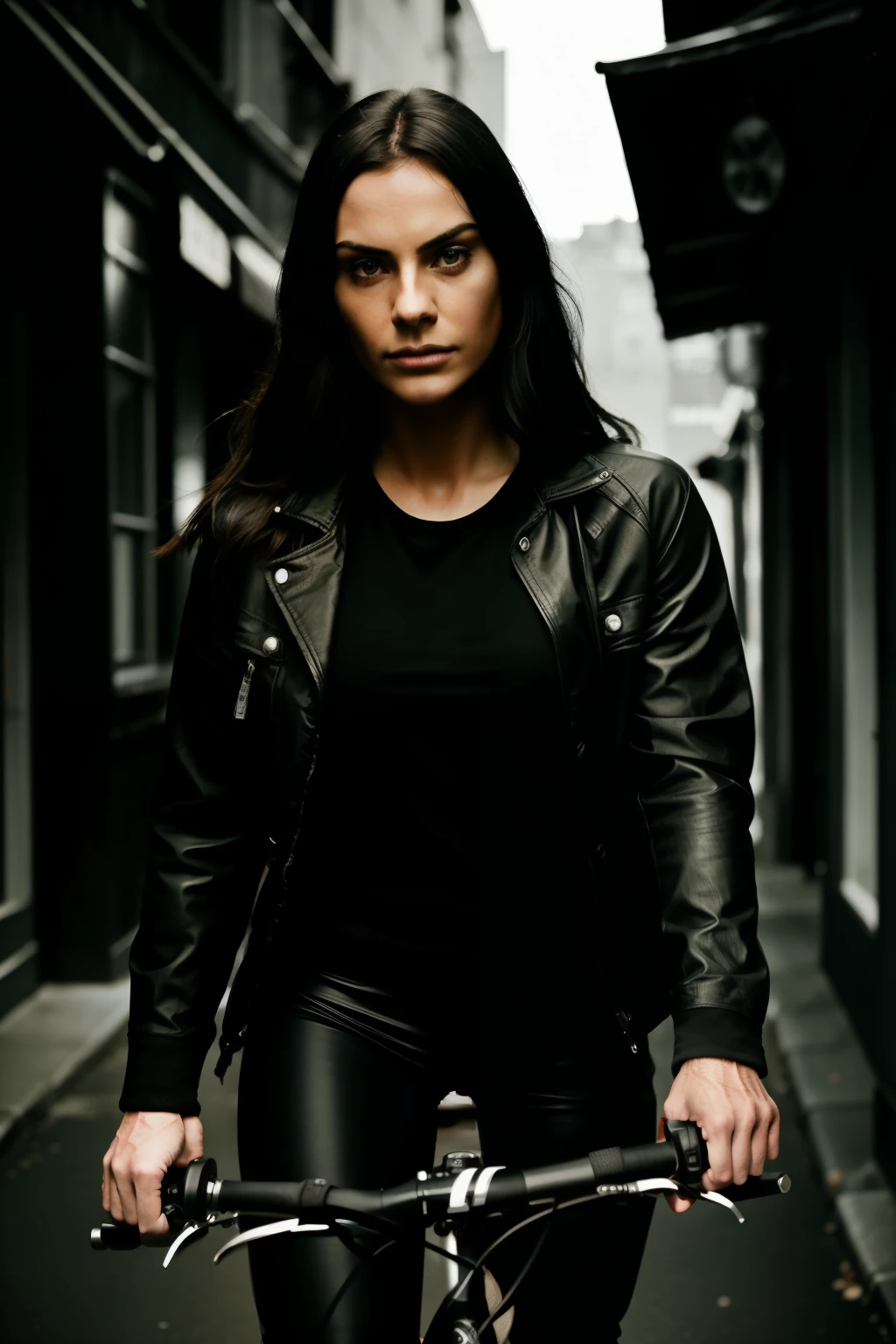 Guy on a bike with a girl holding onto him tightly, both wearing dark clothing for concealment, robbing a man in a dimly lit alley, very detailed, 30 years old guy with stubble and determined face, 25 years old girl with scared yet focused expression, long dark hair, high-res masterpiece, best quality, intricate details, sharp focus, detailed skin, realistic texture, detailed eyes, professional, 4k, intense gaze, shot on Canon, 50mm lens, low depth of field, black and white filter, Kodak Tri-X 400 film, extreme detail, photorealistic, real life, ultra realistic, film noir photography,