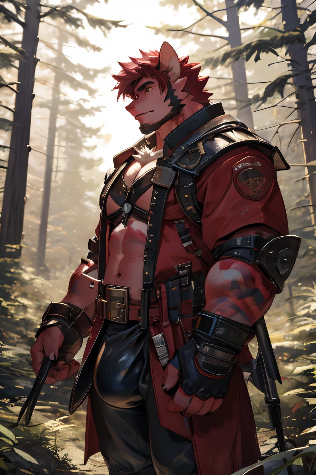 bara furry, red short hair, pink skin, in forest, big dick