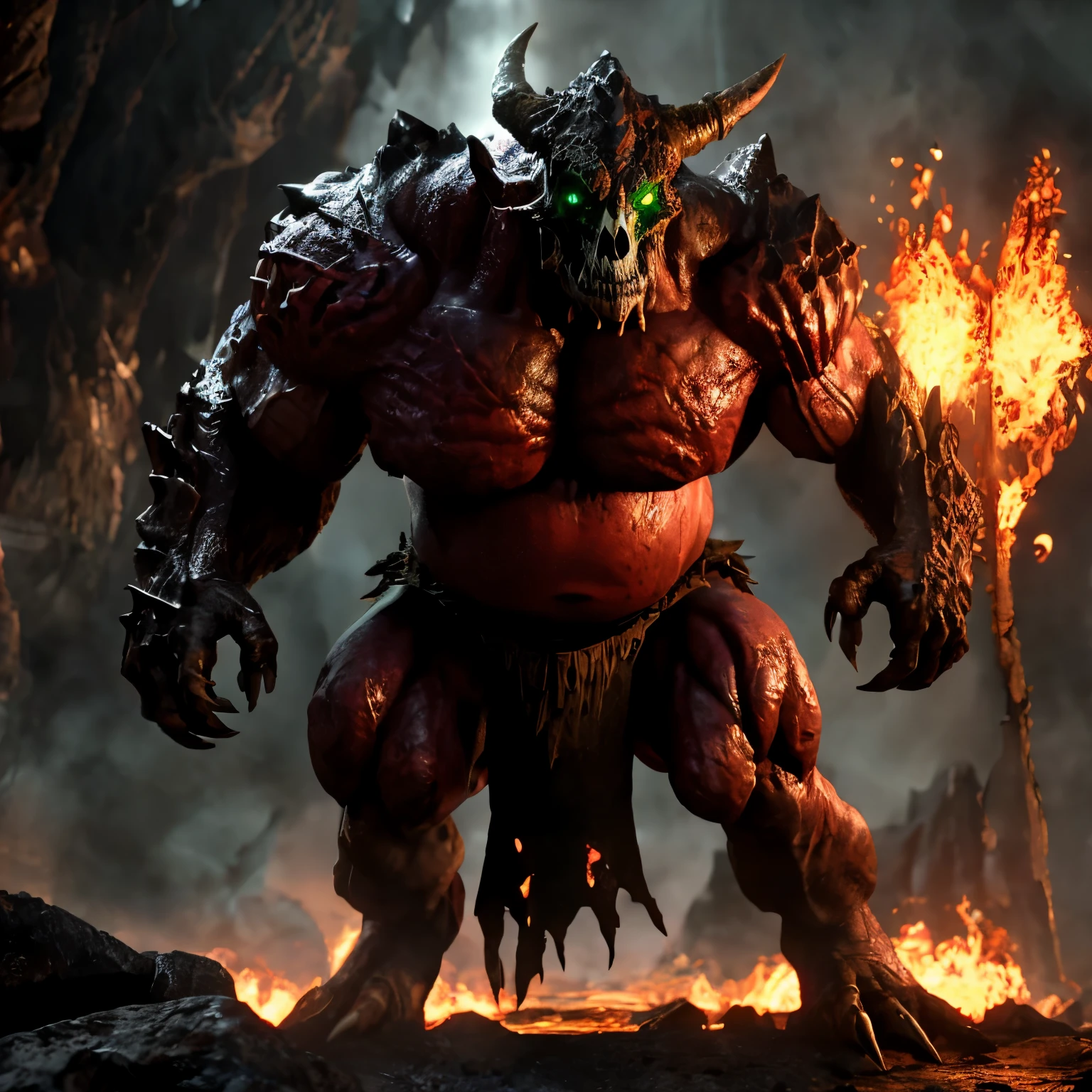 demon, skull, baron of hell, horn, doom \(series\), full body, portrait, detailed, (red skin), green eye, glowing eye, fire, hell, lava, thick neck, huge muscles, large muscles, red smooth skin, thick pecs, slightly chubby, 80mm, f/1.8, nude, (loincloth), symmetrical, hyper detailed, ultra realistic, unreal engine 5, studio lighting, cinematic, High Detail, dramatic, cinematic, 8k, highres , extremely detailed CG unity 8k wallpaper, realistic, masterpiece, highest quality, lens flare, unreal engine, trending on ArtStation, Intricate, High Detail, dramatic, realism, beautiful and detailed lighting, shadows