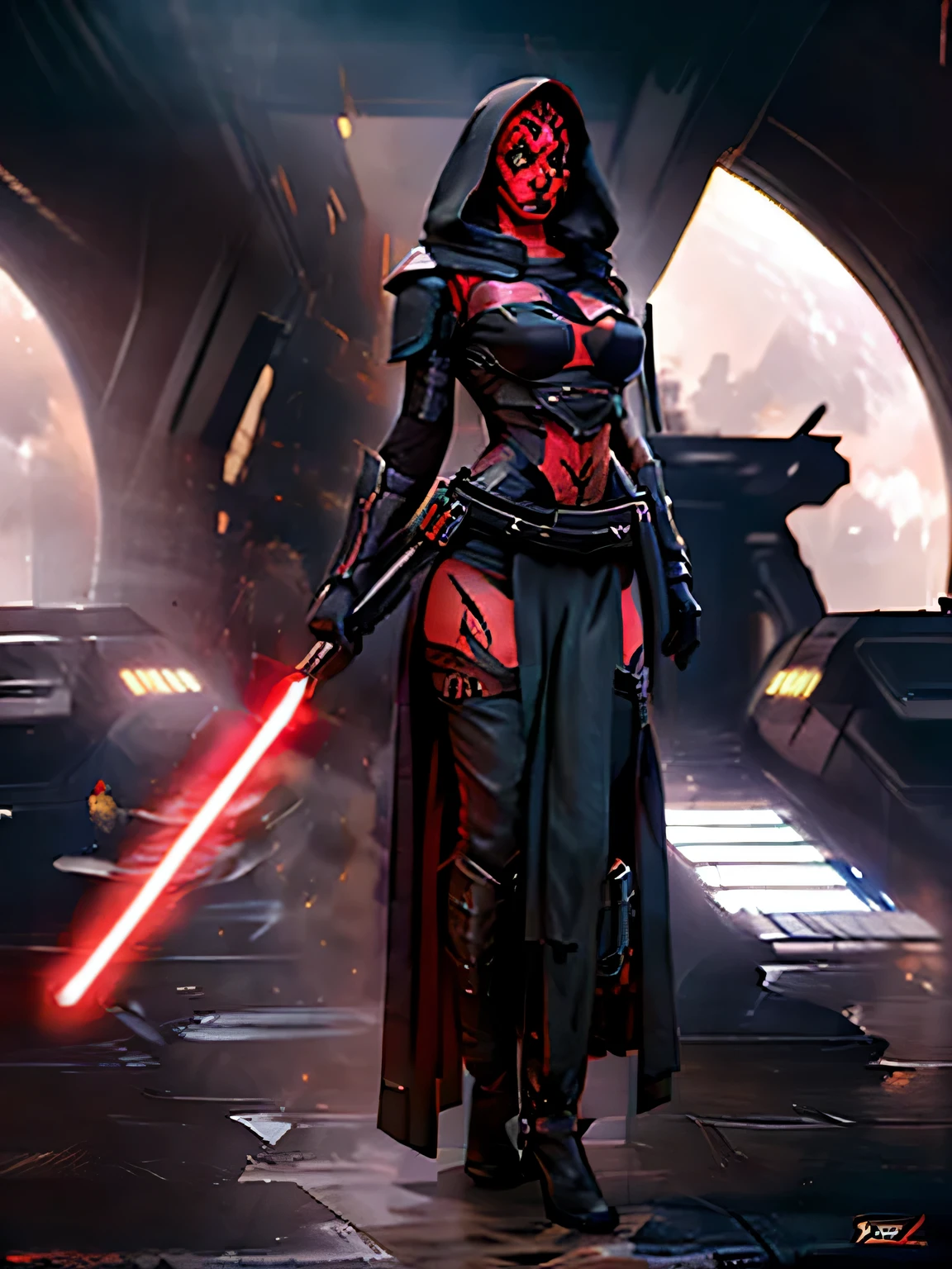 ((armor)), busty, ((red skin), twi'lek), dual red lightsabers, evil space knight, space ninja, (wearing heavy black robes, tunic, tabard, cowl, cloak, body glove, straps, buckles, skirts, long sleeves, fantasy, ((armor))), ((busty), slender body, thin, slim sexy body, slim waist, ((gigantic breasts))), Imperial starship, Star Wars, High quality face