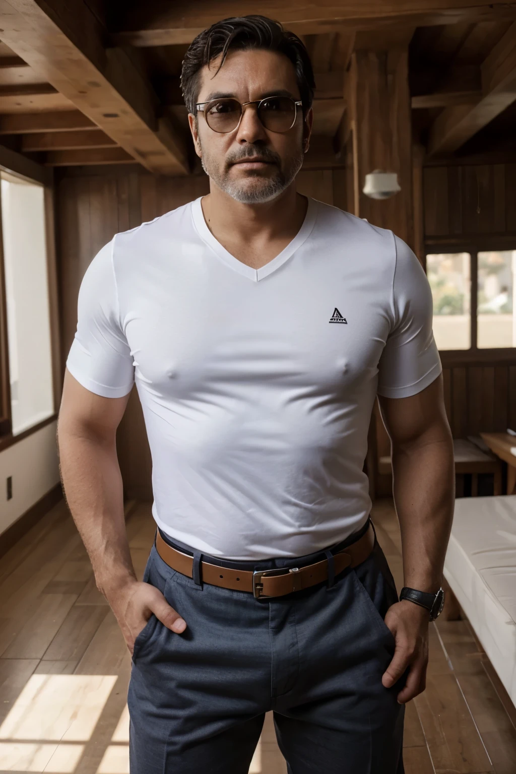 foto tipo selfie, 55-year-old man, con lentes tipo nerds,Obra maestra, La mejor calidad, Altas Resoluciones, altura 1.65 metros, robusto 92 kilos, camisa de sport con remera blanca debajo pantalon, realista, 1 hombre, solamente, calvo, sin posar, Mirando al espectador, en mansion con autos deportivos, realtar detalles.