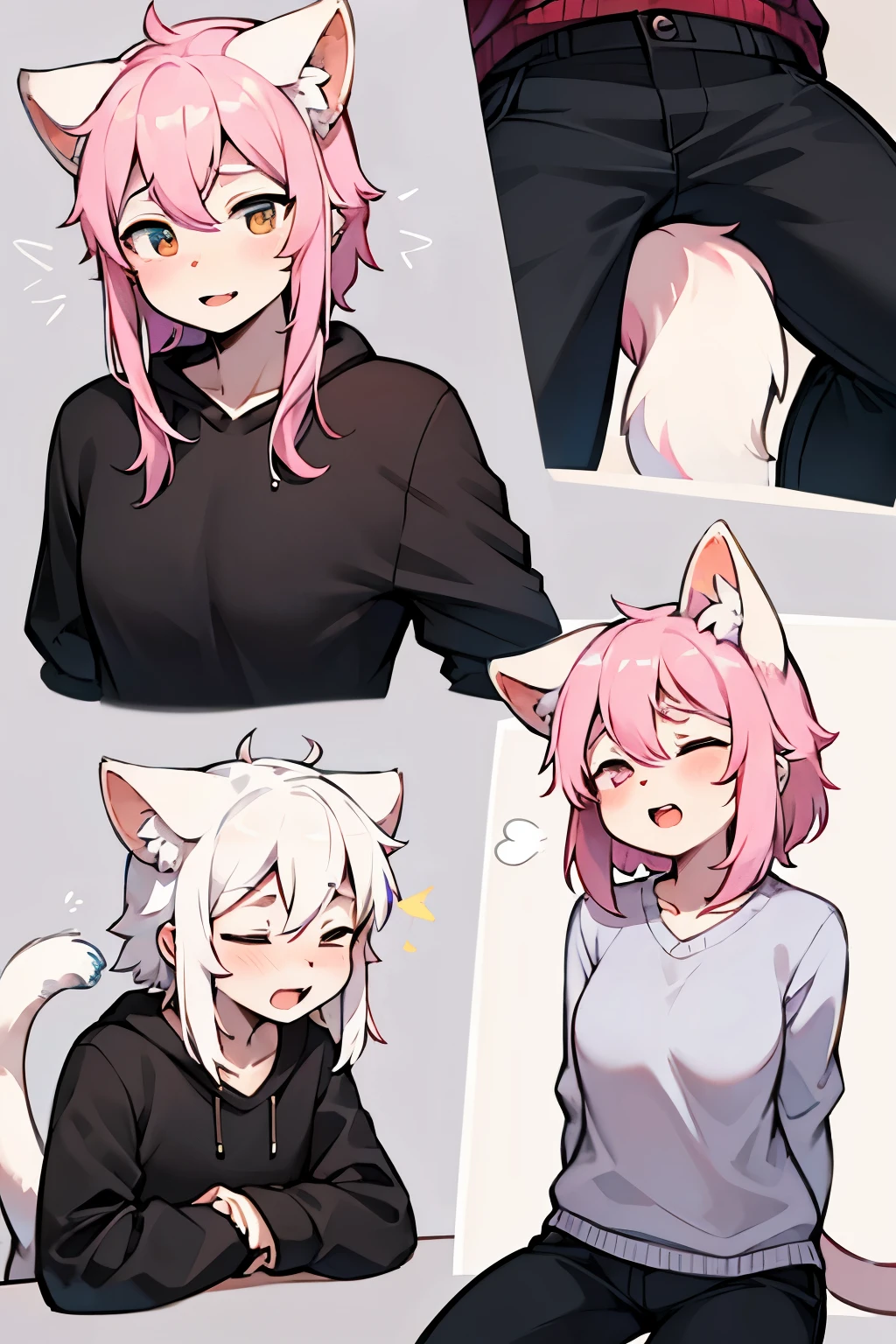 Flower cat,hairy,hairy的,bust avatar,Colorful patterned white sweatshirt,black casual pants,white stripes,Q version,Lovely,Minimalist art style,cartoon style,close eyes,yawn,tension,ears pink hair, White hair on the tip of the ear,pink hair behind,The tail is blue,tip white,