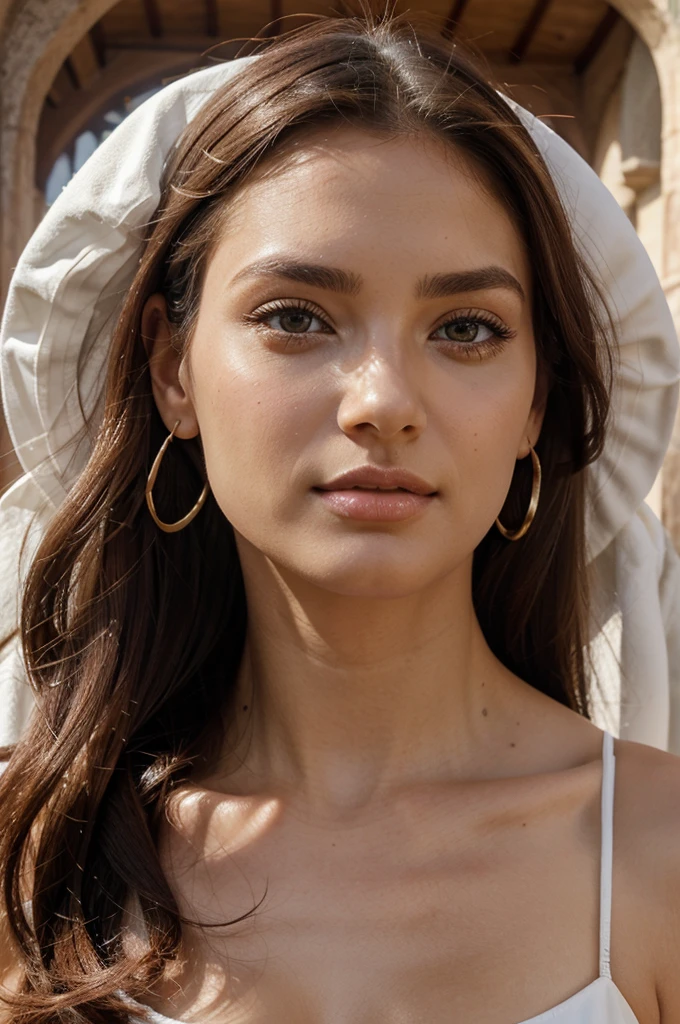forma, symmetrical oval, ojos grandes expresivos color verdes, long and thick eyelashes, small and profiled nose, labios carnosos y bien definidos, cejas pobladas y arqueadas, piel blanca suave tersa y luminosa, long shiny and silky brown hair, cuerpo de estatura de 1.70 m, curvas harmoniosas y bien definidas, busto prominente, cintura delgada. 
