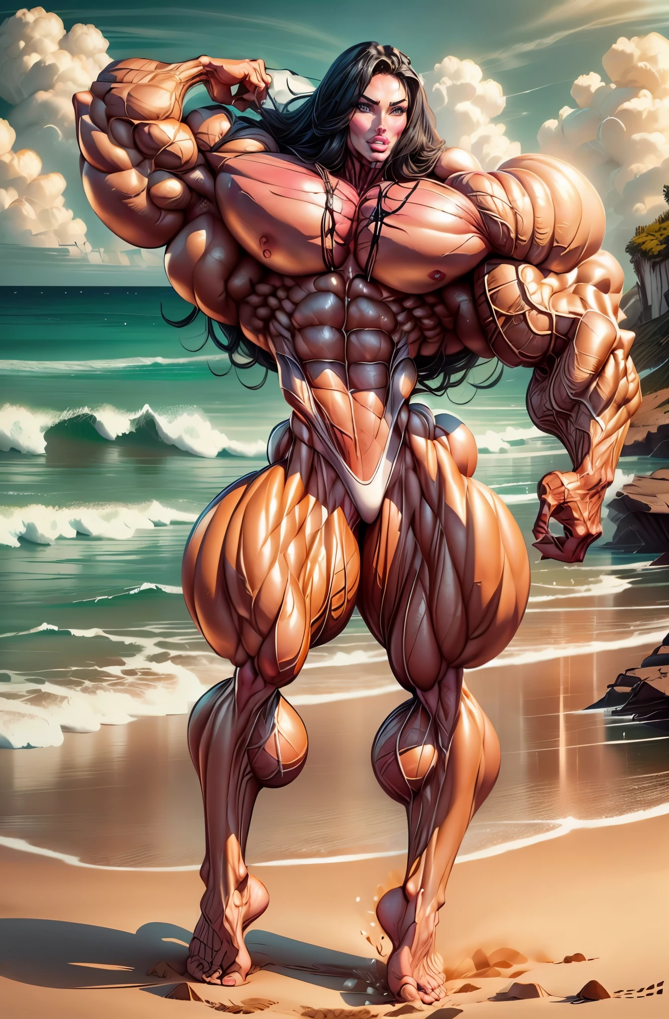 (1 girl), (megan fox:1.25), (muscular bodybuilder girl flexing her muscles on the beach:1.25), (wide shoulders:1.25), (muscular defined physique:1.25), (naked:1.25), perfect hands, long hair, large breasts, high resolution image, extreme detail, blank background
