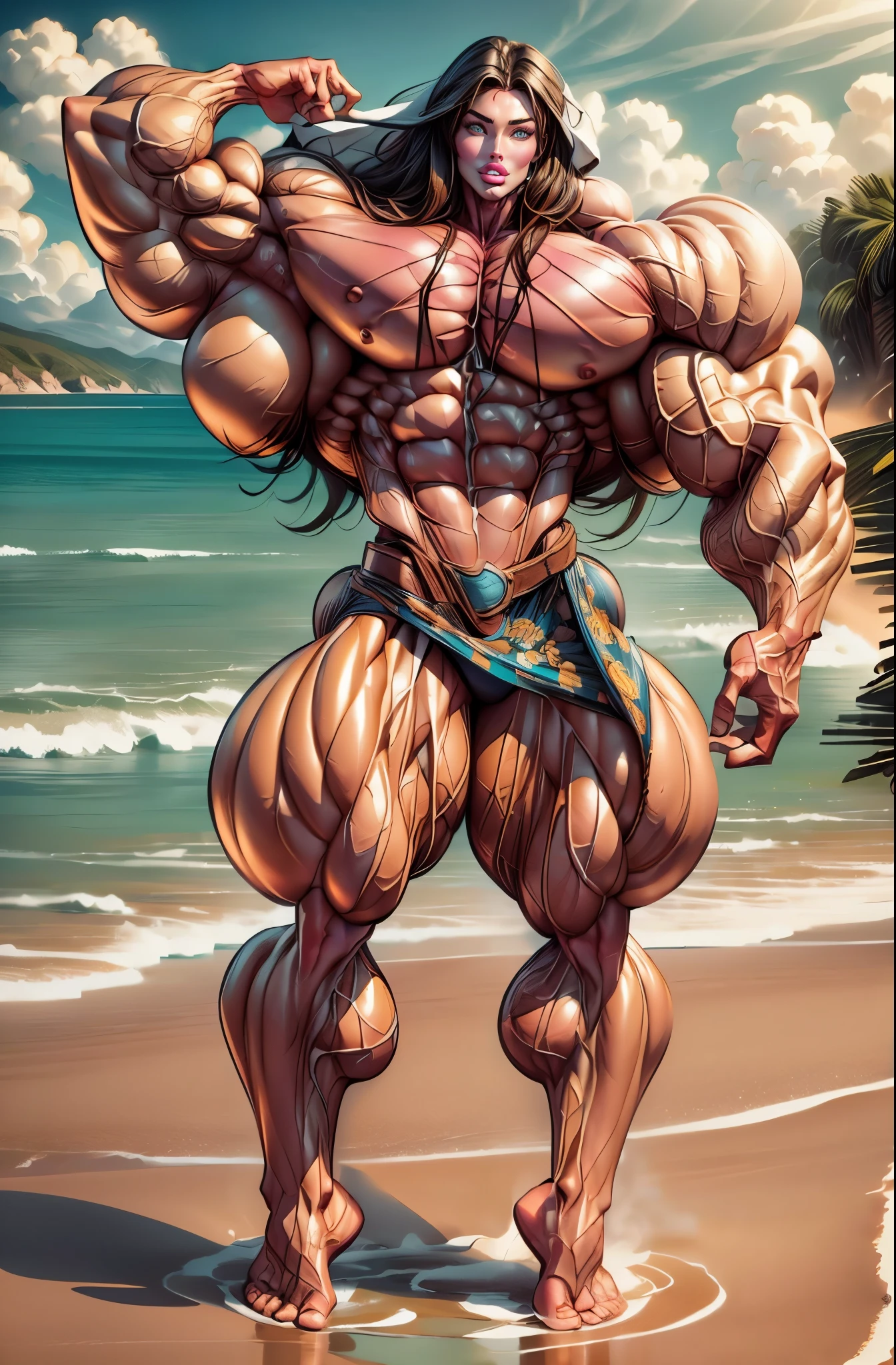 (1 girl), (megan fox:1.25), (muscular bodybuilder girl flexing her muscles on the beach:1.25), (wide shoulders:1.25), (muscular defined physique:1.25), (naked:1.25), perfect hands, long hair, large breasts, high resolution image, extreme detail, blank background