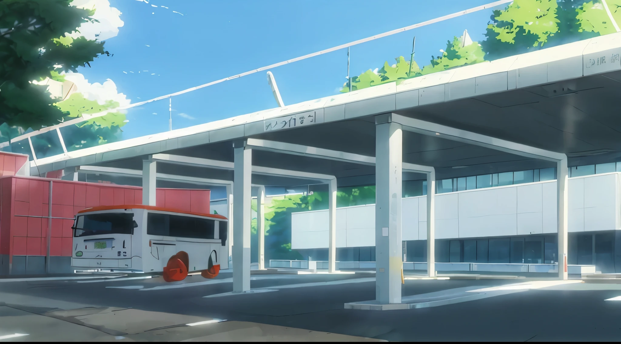 white bus parking in the terminal, makoto shinkai style