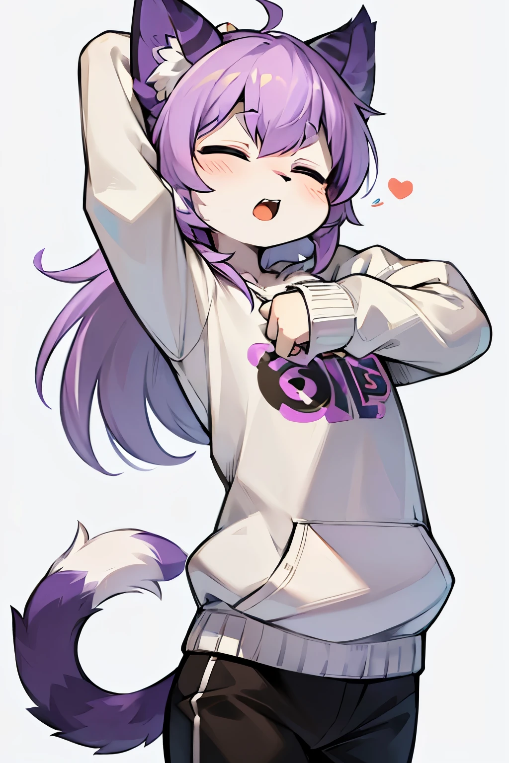 Cat,hairy,furry,bust avatar,Colorful Patterned White Sweatshirt,Black casual pants with white stripes,Q version,cute,Simple art style,Cartoon style,Close eyes,yawn,stretch,Purple hair on the ears White hair on the tips of the ears,purple hair on back,Tail blue with white tip,