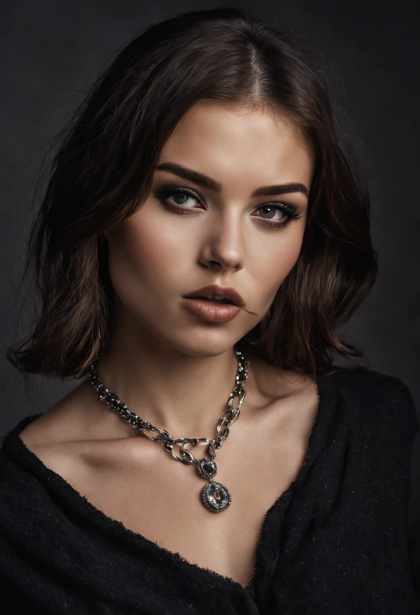 full body photography, Photorealistic, glamor photo of a Russian woman, 20s, dark hair, Eyeliner, expressive lips, seductive necklace, stylish sexy streetwear, curvy hips, almond-shaped eyes, dimples, Smoky eyes, Defined jawline, skin pores,
grain, harsh flash lighting, realistic skin texture, very detailed photo, Bright, insanely detailed, Hyper detailed, expressive provocative facial expression, detailed attractive background