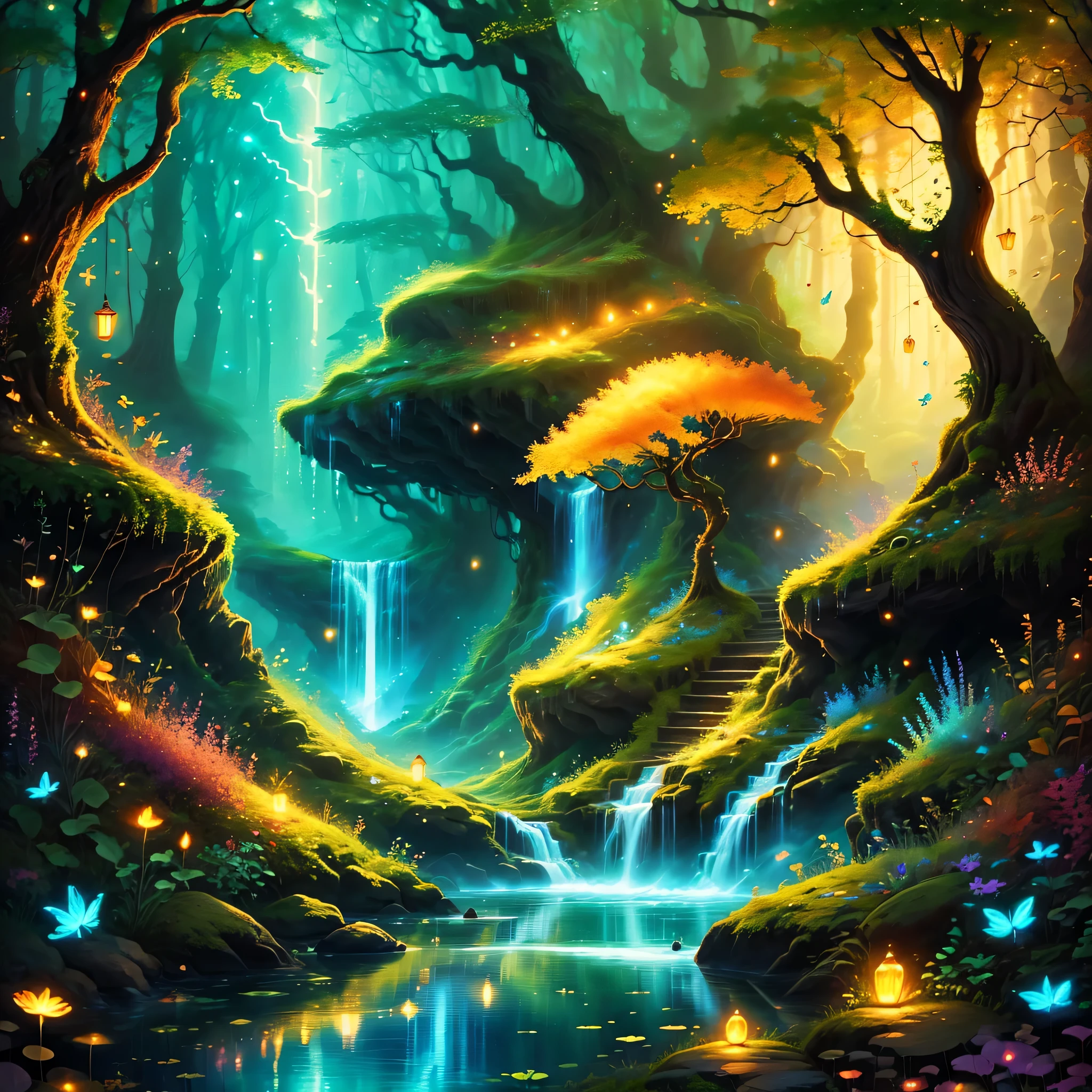 (masterpiece, highest quality:1.2), digital art whimsical forest,autumn leaves,Fairy Goddess,Blue glowing spells,Fantasy colors,magic tree,Glowing fog,Magical creatures,great atmosphere,mysterious atmosphere,magic in the air,Attractive forest floor,magic rays,Shining fairy dust,whispering leaves,rich green,fairy wings,glowing mushroom,magic flower,Translucent petals,floating lantern,glowing fireflies,quiet pond,majestic waterfall,mythical creatures,harmonious melody,Golden sunlight flowing from the crown of the tree,Charming stones covered with moss,Colorful leaves,dreamy landscape,magical aura,peaceful tranquility,capricious imagination,Dancing Shadows,Magical secrets hidden in the forest